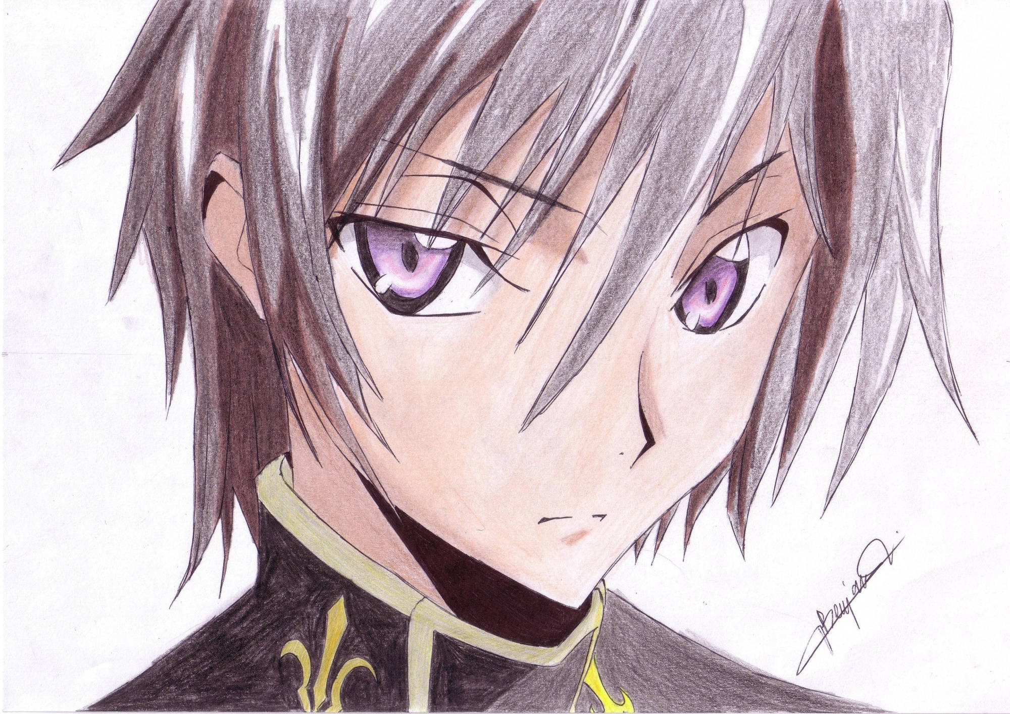 lelouch lamperouge 桌布 壁紙 — 一幅近距離動漫風格繪畫，描繪一位銀髮紫眼、身穿飾有金色邊飾的深色制服的年輕男子。