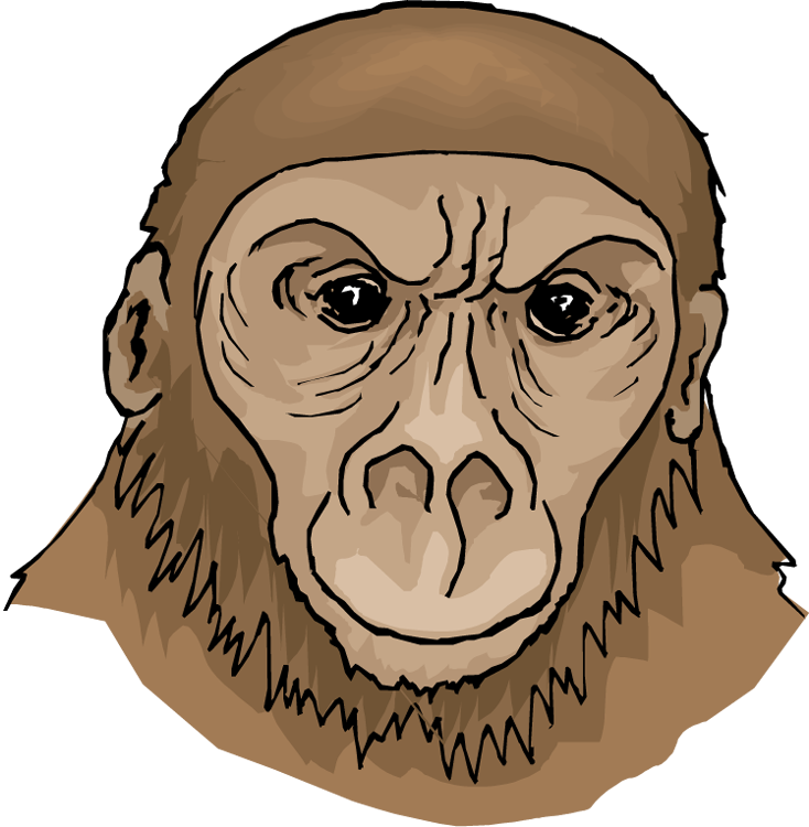 動物 桌布 壁紙 — 一幅近距離插圖，描繪一個原始人面孔，眉頭緊鎖，目光銳利，以大地色調呈現。