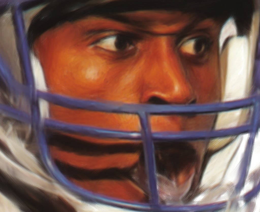 Barry Sanders 桌布 壁紙 — 一幅近距離油畫，描繪一名美式足球員透過藍色頭盔面罩的強烈眼神，帶有溫暖的橙色膚色。