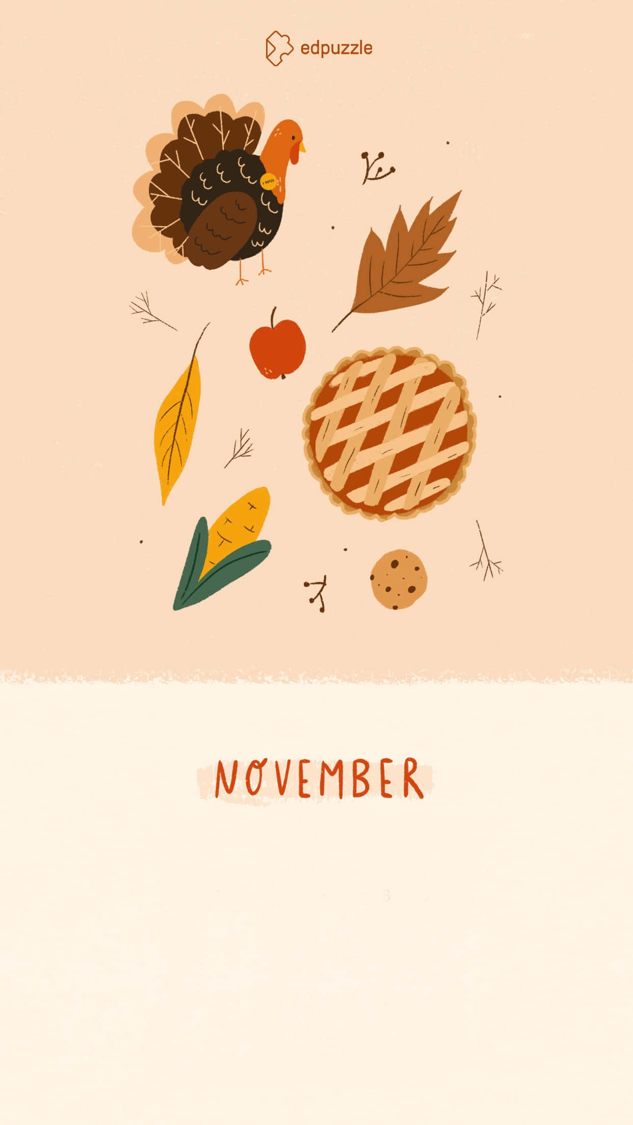 November Desktop 桌布 壁紙 — 一幅迷人的感恩節象徵插圖，包括火雞、派、玉米和葉子，漂浮在柔和的蜜桃色背景上。
