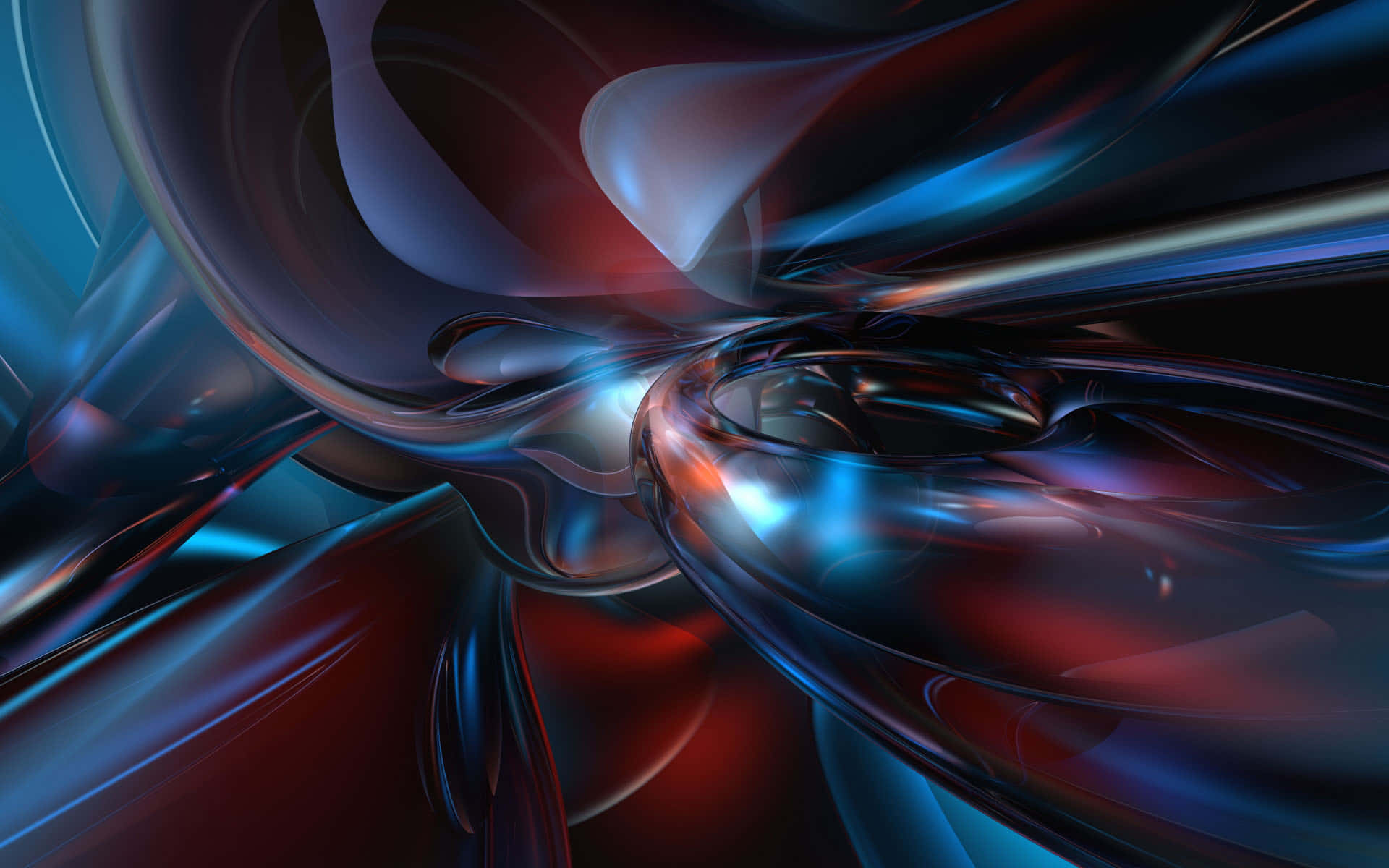 3d Graphics 桌布 壁紙 — 一幅迷人的抽象數位藝術作品，呈現深藍與深紅色的漩渦狀金屬絲帶，帶有發光的高光。