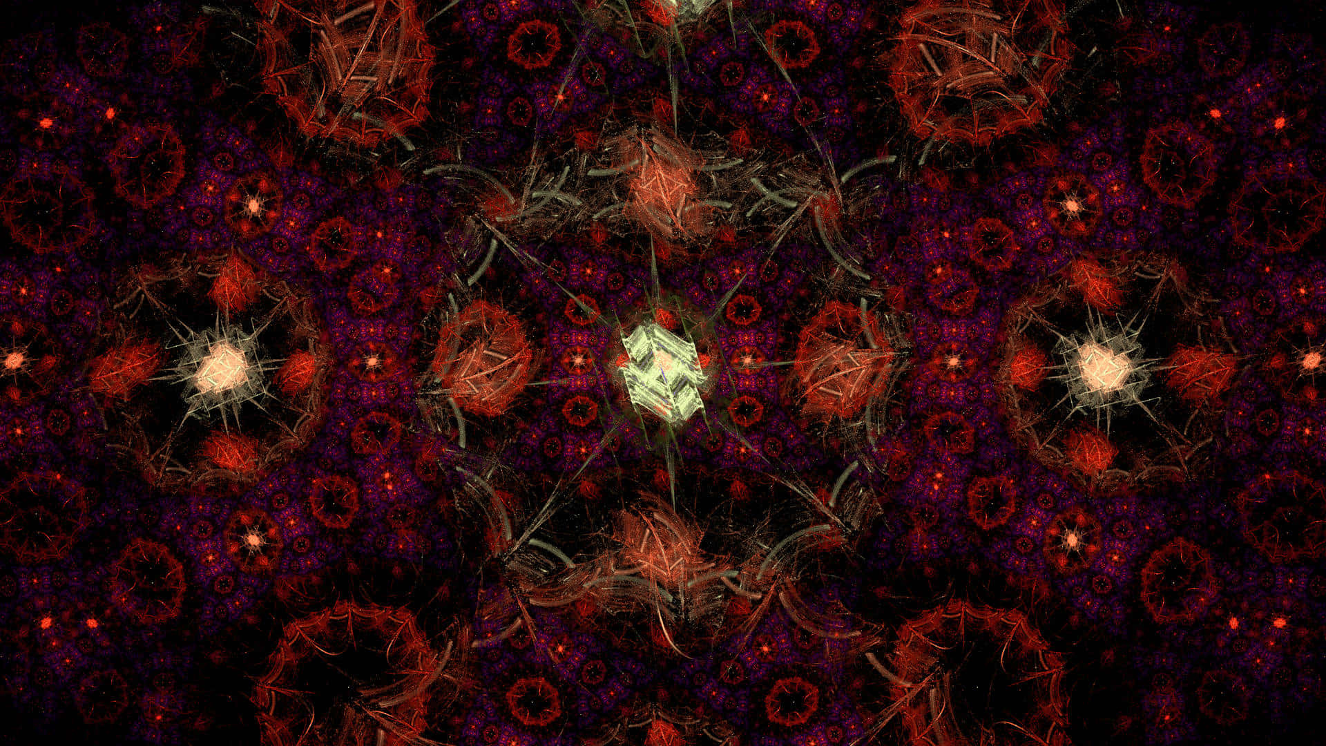 Dark Abstract Art 桌布 壁紙 — 一幅迷人的數位分形藝術作品，以從中央晶體結構放射出的發光紅色和紫色幾何圖案為特色。