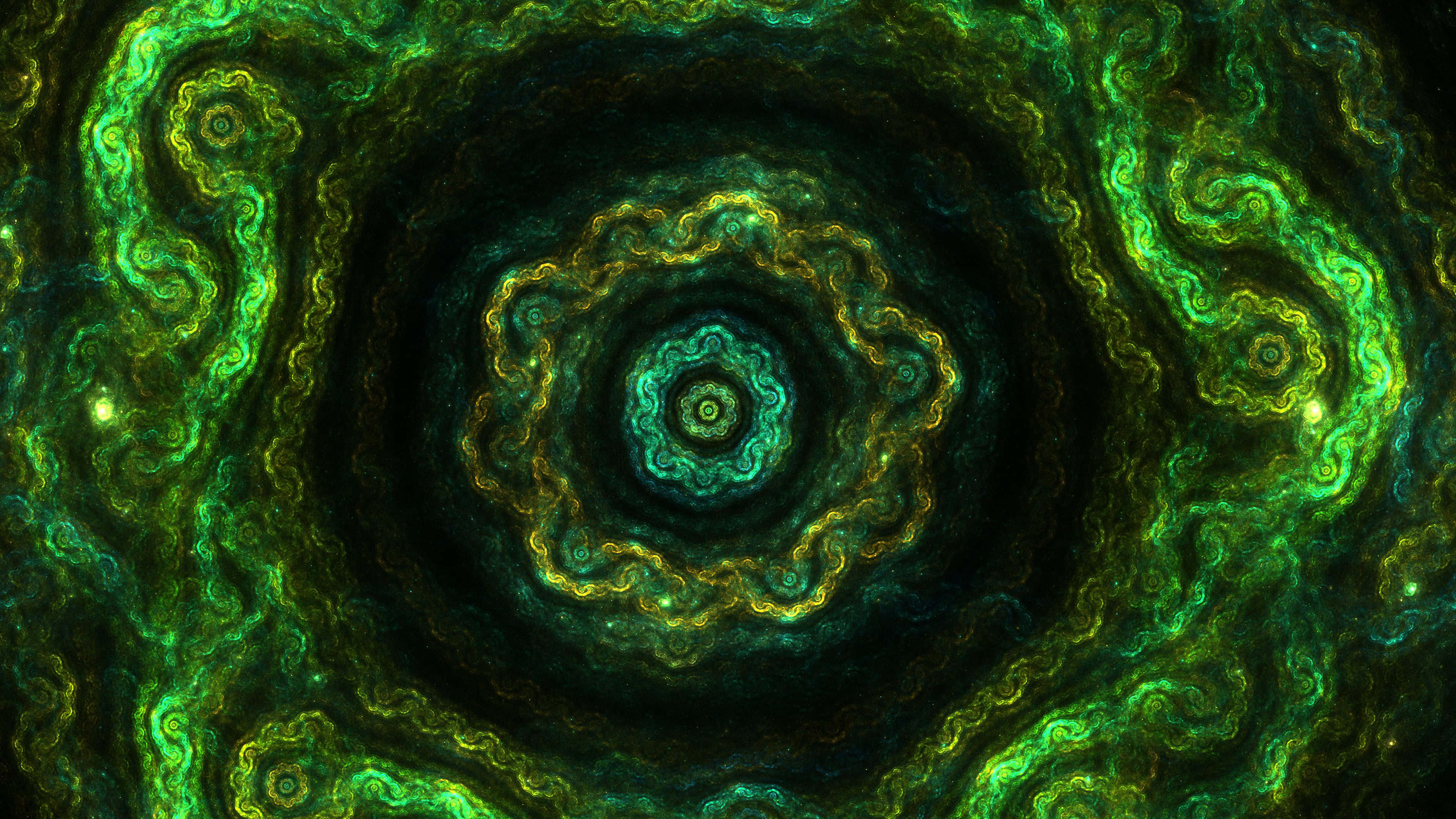 Psychedelic Fractals 桌布 壁紙 — 一幅迷人的數位分形藝術作品，在深色背景上，從中央漩渦散發出旋轉的綠色和黃色圖案。