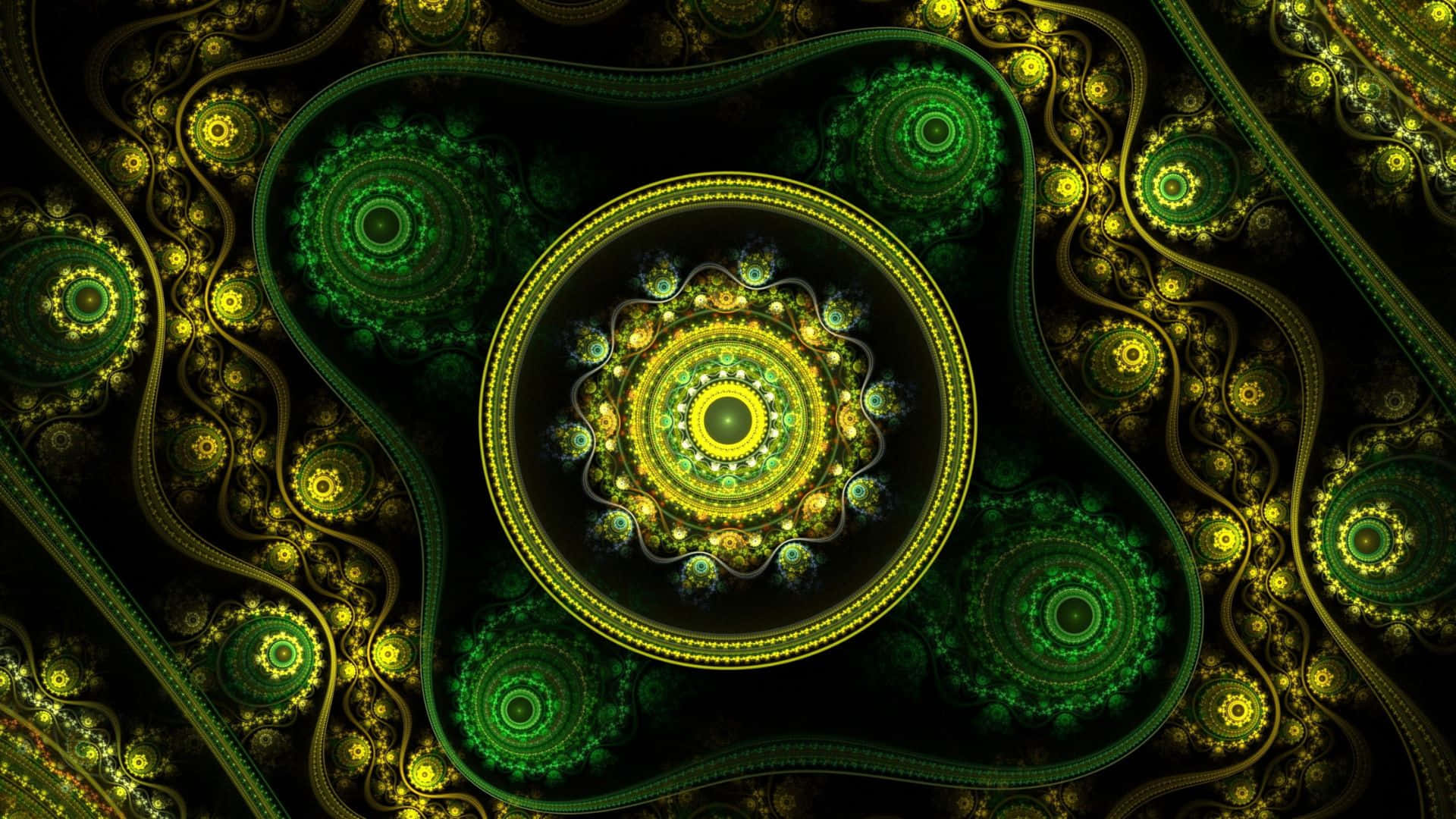Psychedelic Fractals 桌布 壁紙 — 一幅迷人的數位分形藝術作品，在黑色背景上呈現發光的綠色和金色同心圓及螺旋。