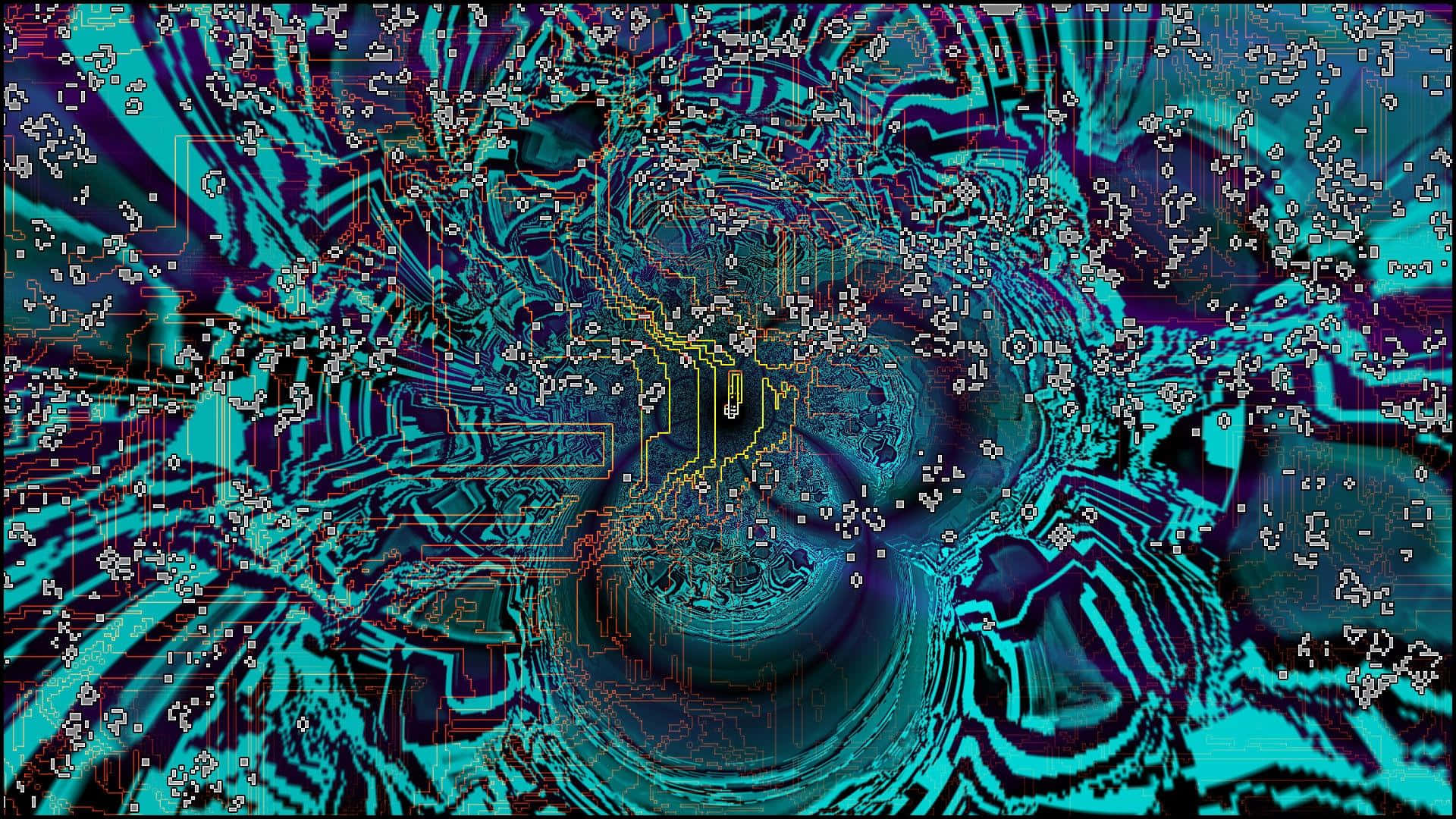 Trippy Blue 桌布 壁紙 — 一幅迷人的數位抽象畫，帶有發光的電路圖案，在電光藍綠色和深紫色中旋轉。
