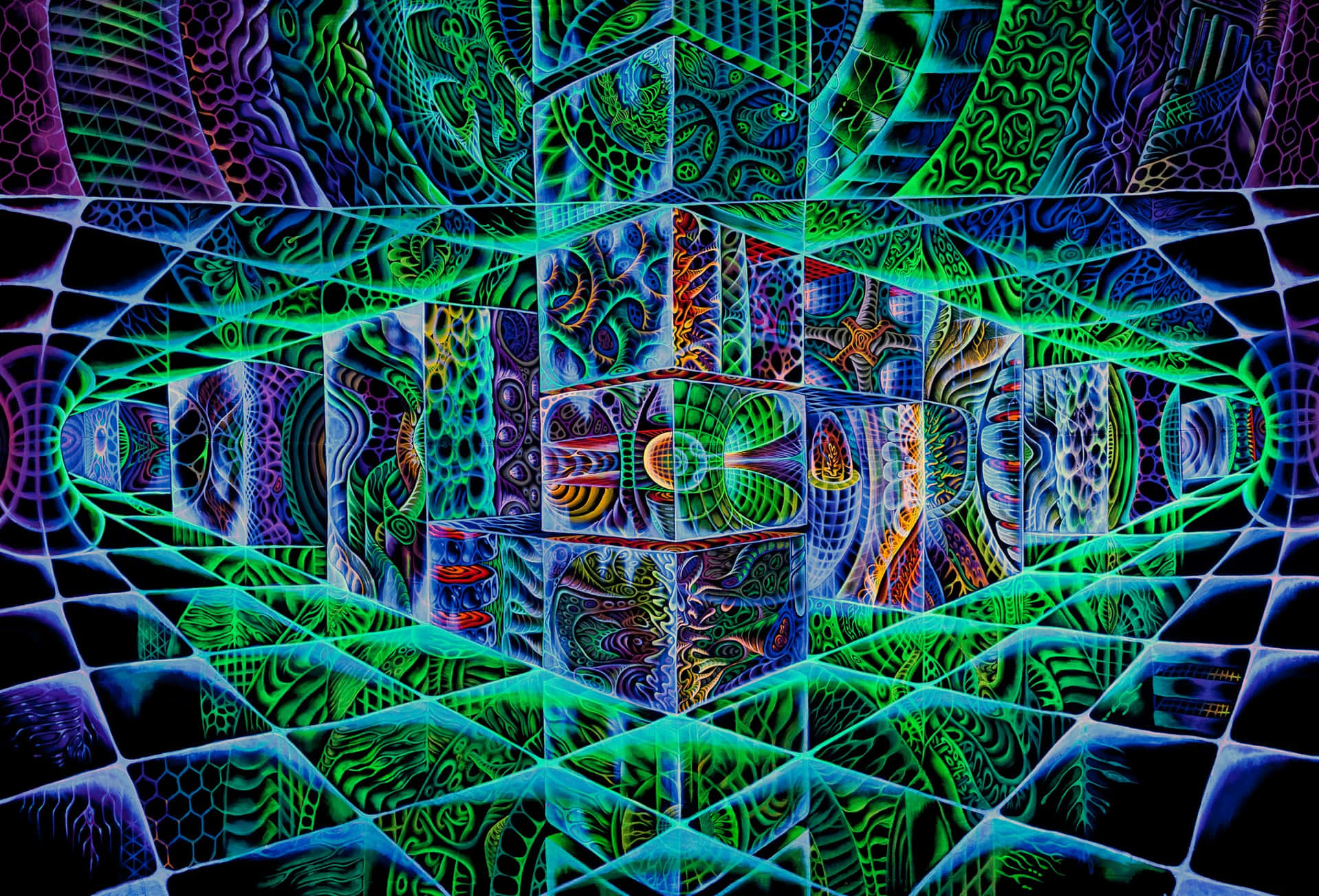迷幻動圖 桌布 壁紙 — 一幅迷人的數位藝術作品，呈現出一個萬花筒般的隧道，充滿發光的綠色、藍色和紫色碎形圖案，帶有複雜的有機設計。