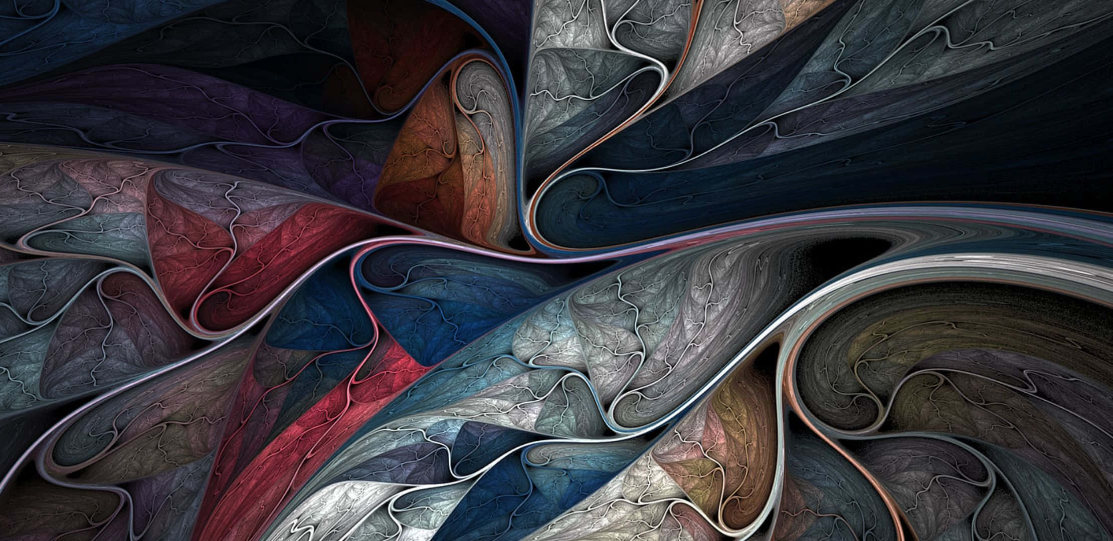 2220x1080 桌布 壁紙 — 一幅迷人的數位藝術作品，呈現深藍、紫和紅色調中帶有金屬光澤的漩渦狀碎形圖案。