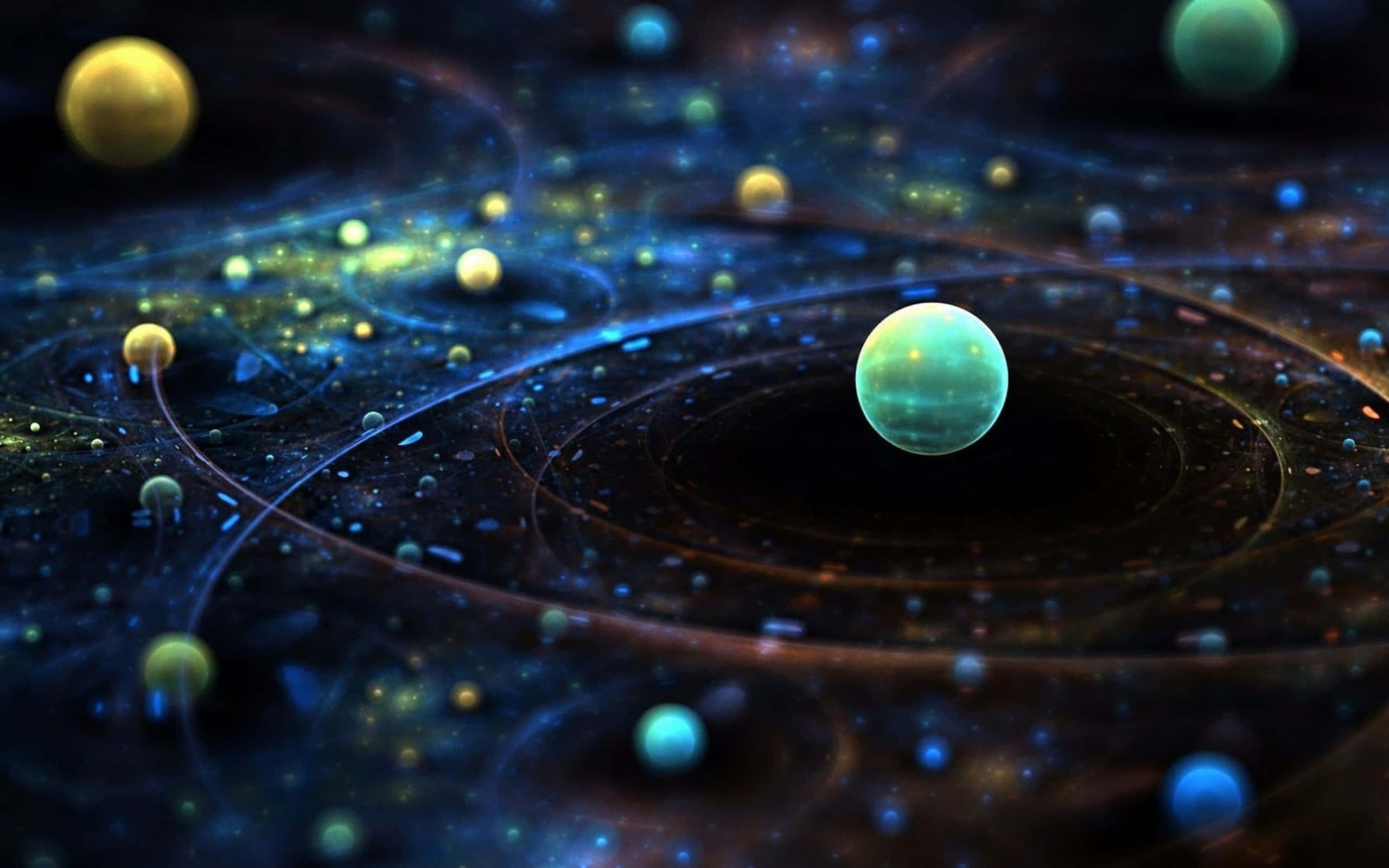 Space Desktop 桌布 壁紙 — 一幅迷人的數位藝術作品，描繪了深藍色和金色色調中發光的行星和旋轉的宇宙能量。