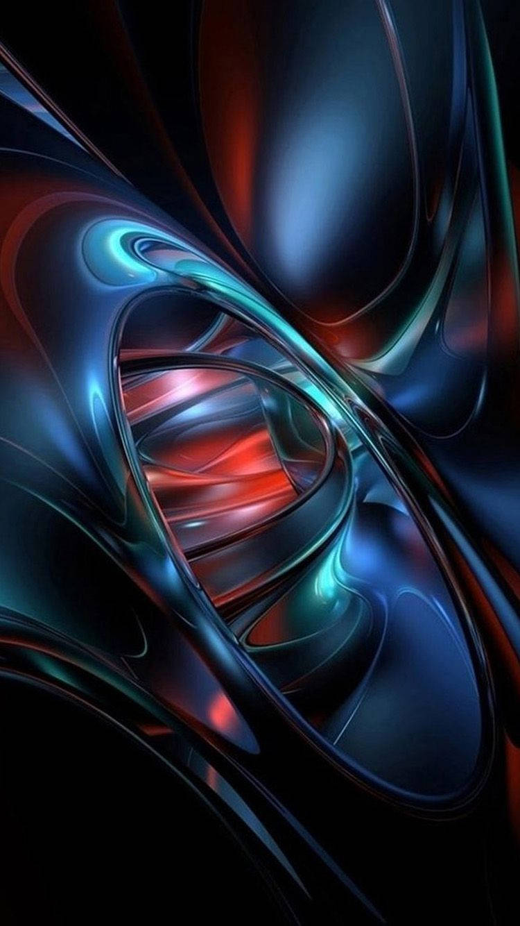 3D iPhone 壁紙 桌布 壁紙 — 一幅迷人的數位藝術作品，深藍色和火紅色的金屬漩渦絲帶在黑色虛空中發光。