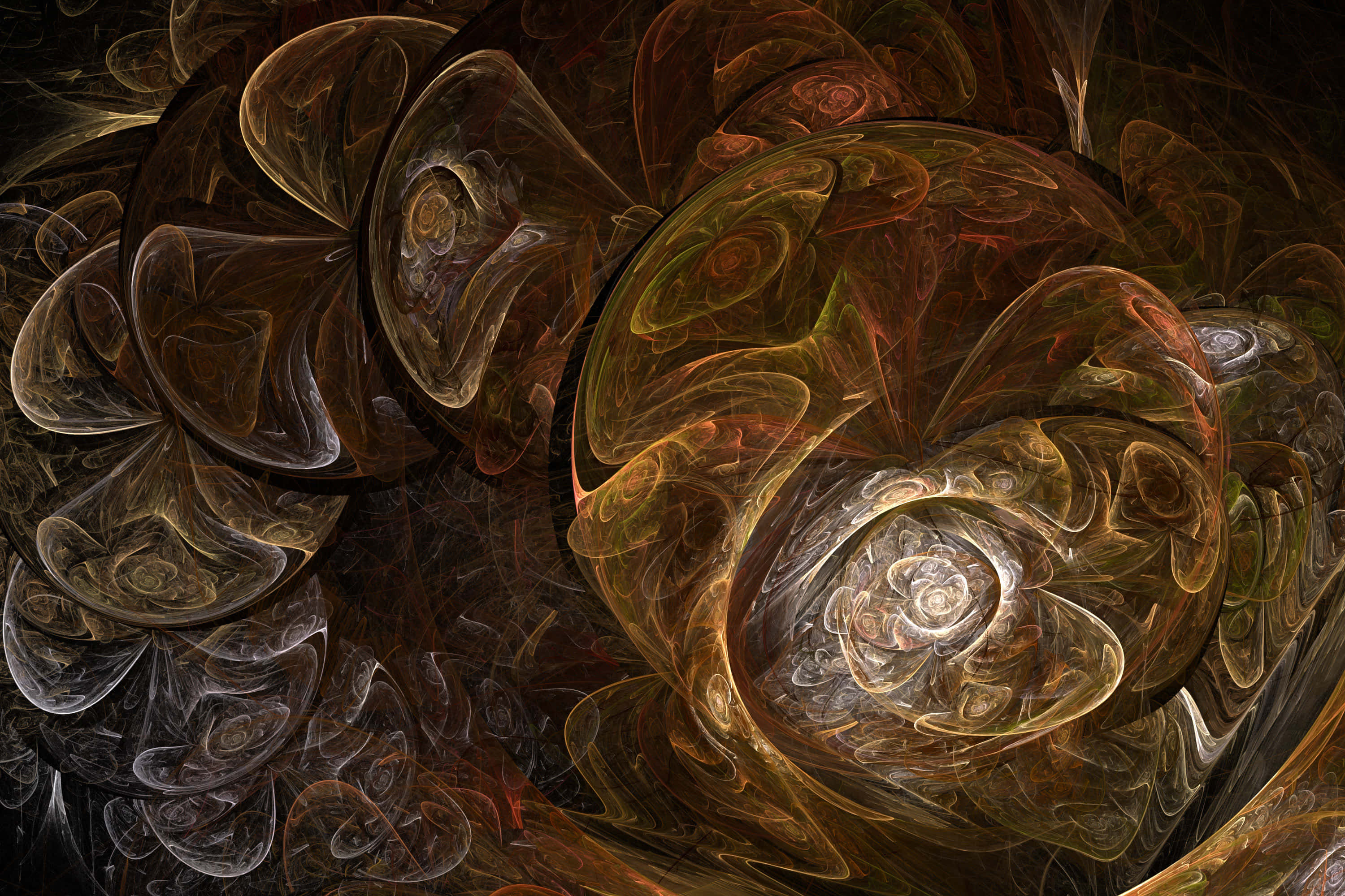 Brown Abstract 桌布 壁紙 — 一幅迷人的碎形藝術作品，在深色背景上呈現旋轉的金色琥珀和深棕色有機形態。