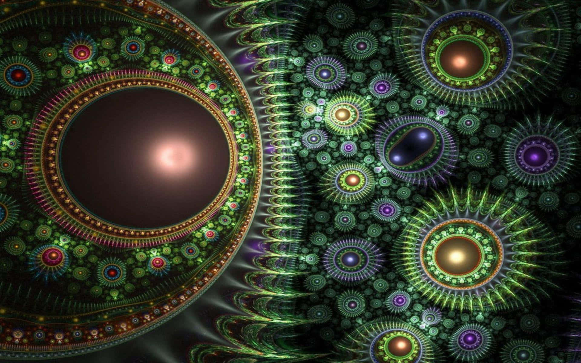 碎形 桌布 壁紙 — 一幅迷人的碎形藝術作品，在深色背景上呈現發光的綠色和紫色圓形圖案，帶有輻射核心。