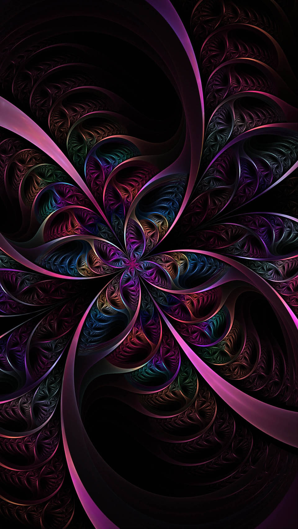Dark Psychedelic iPhone 桌布 壁紙 — 一幅迷人的碎形藝術作品，在深黑色背景上散發出充滿活力的紫色、藍綠色和洋紅色調。