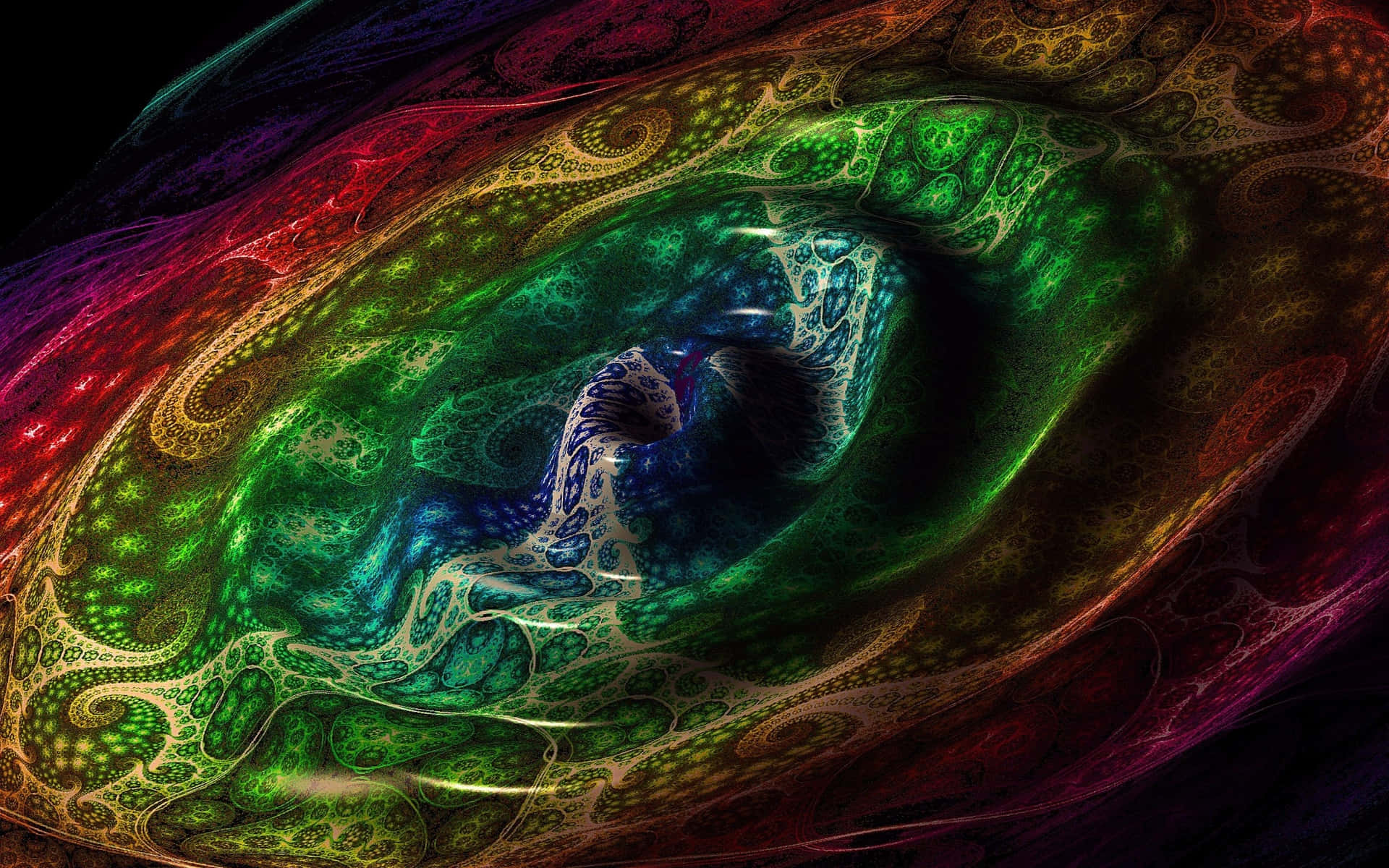 Trippy Fractals 桌布 壁紙 — 一幅迷人的碎形藝術作品，旋轉著充滿活力的綠色、藍色和紅色圖案，形成一個抽象的宇宙之眼。
