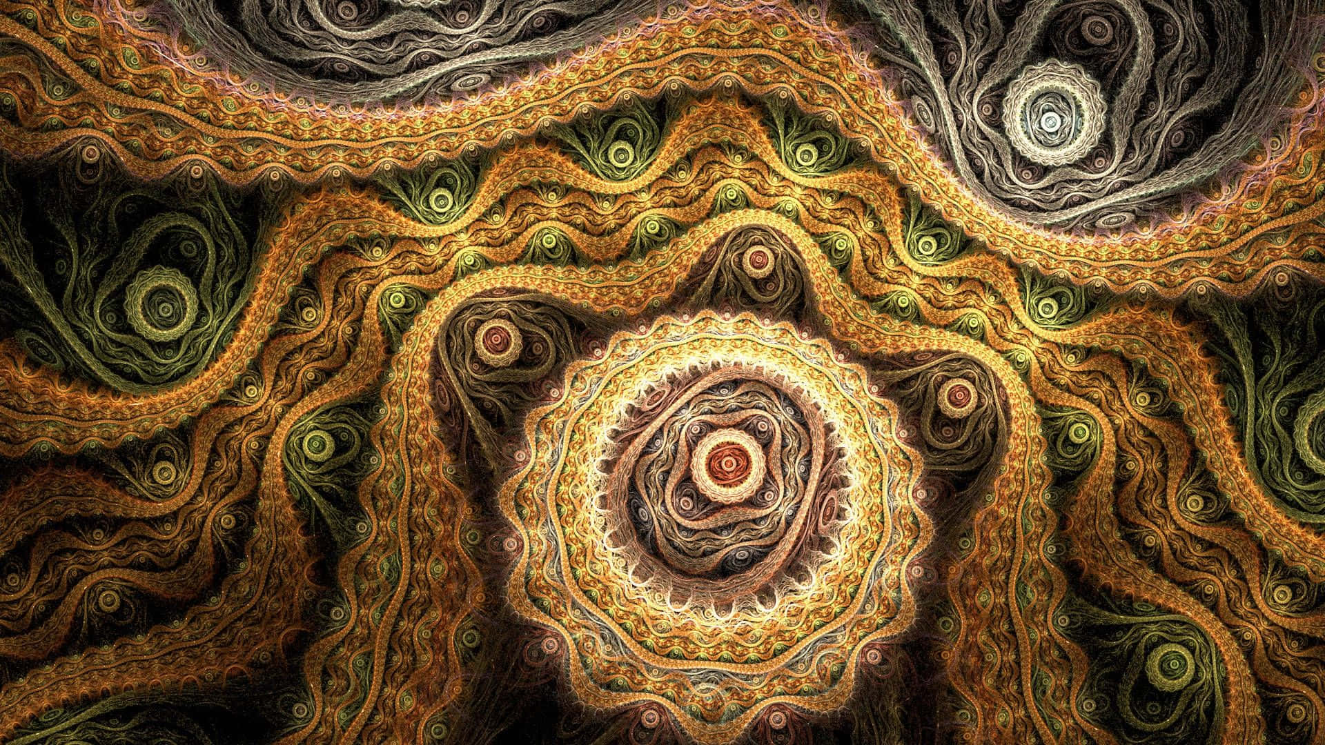 Brown 桌布 壁紙 — 一幅迷人的碎形藝術作品，金色和綠色的漩渦圖案從中央漩渦向黑暗背景輻射。