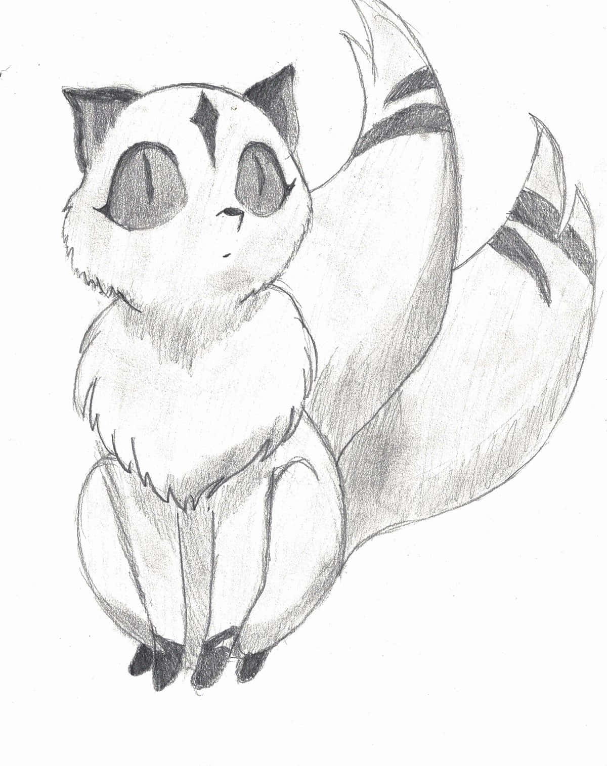 Inuyasha Nekomata 桌布 壁紙 — 一幅迷人的鉛筆素描，描繪一隻毛茸茸的貓咪，有著大大的、富有表情的眼睛和一條蓬鬆的條紋尾巴，端坐著。