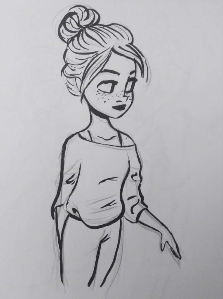 sketch 桌布 壁紙 — 一幅迷人的黑白線條畫，描繪一位有雀斑和高髮髻的女孩溫柔微笑。