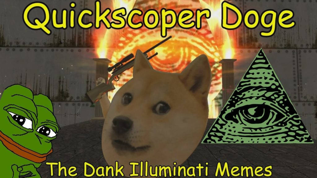 meme 桌布 壁紙 — 一幅迷因拼貼畫，包含 Doge、Pepe the Frog 和光明會金字塔，背景熾熱。
