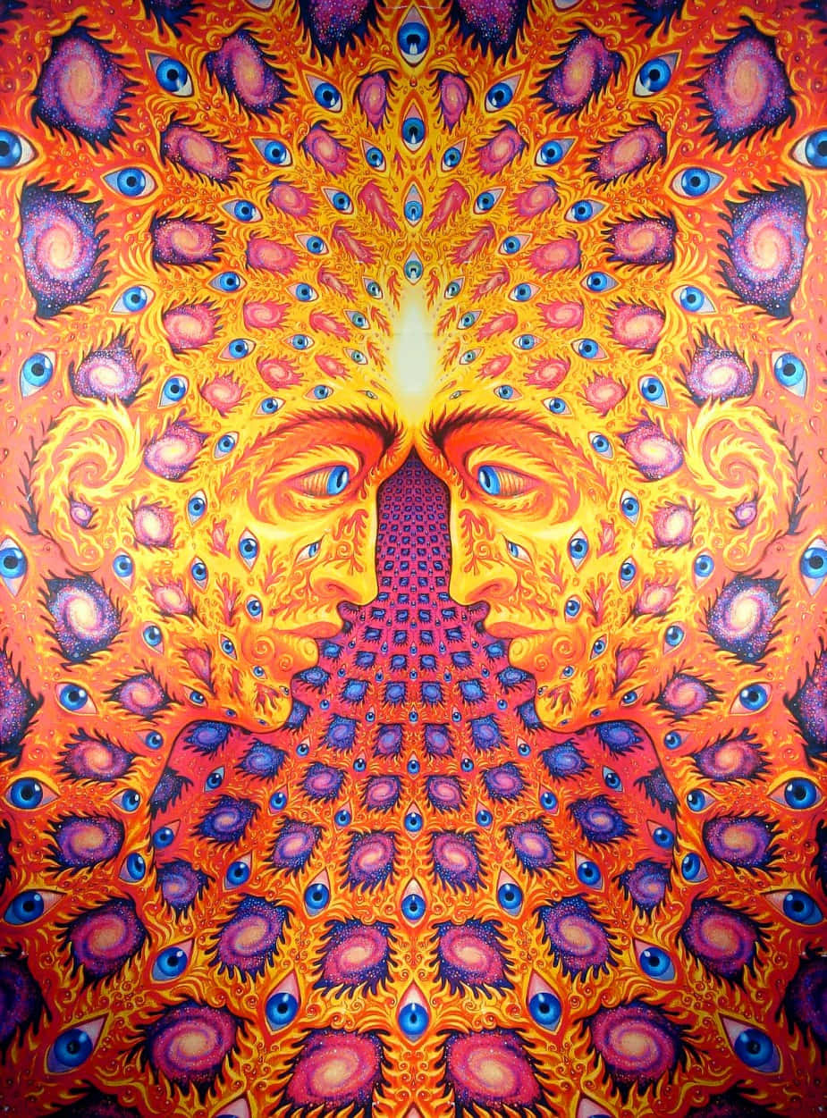 桌布 壁紙 — 一幅迷幻對稱藝術作品，中央有一張帶有眼睛的臉孔和一條通往內部的隧道，周圍環繞著火橙色和深紫色的重複眼睛圖案。