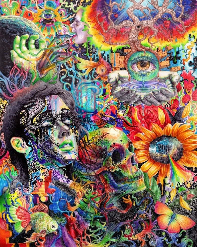 迷幻動圖 桌布 壁紙 — 一幅迷幻拼貼畫，充滿超現實元素，如女人的臉、頭骨、眼睛、向日葵和魚，在鮮豔混亂的色彩中。