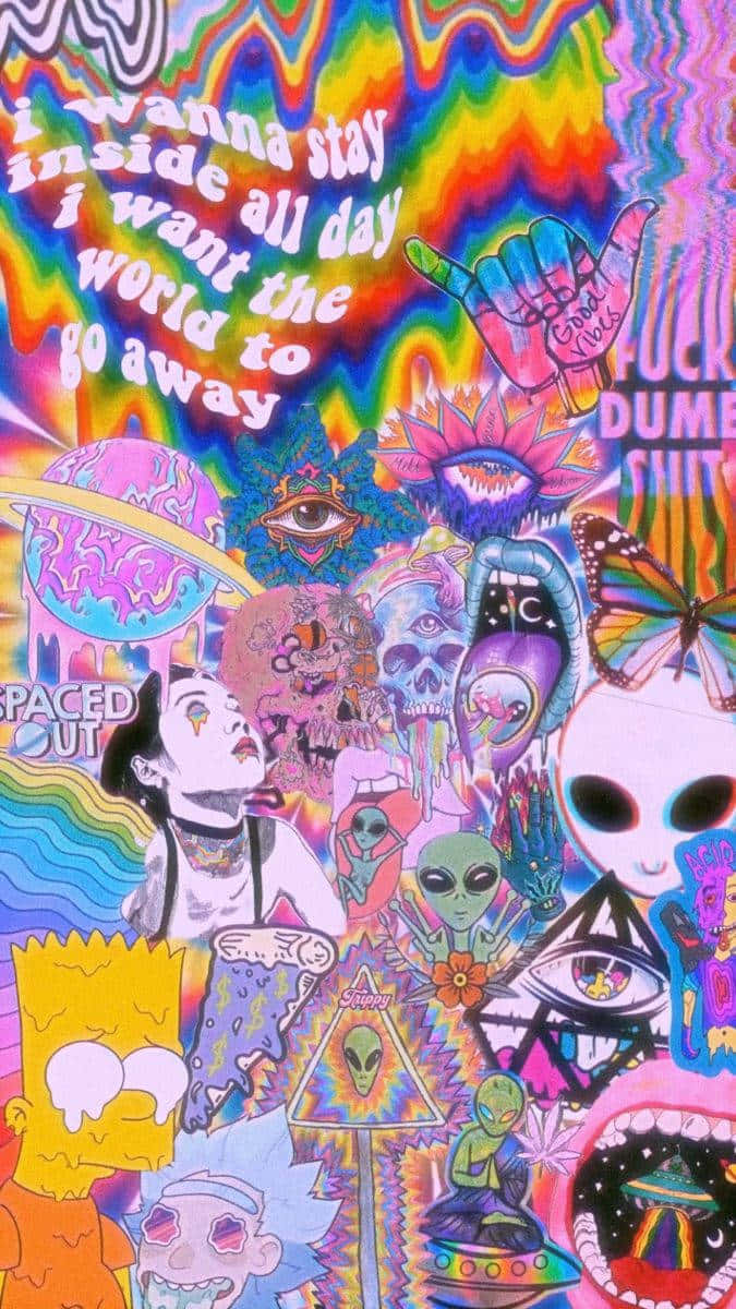 桌布 壁紙 — 一幅迷幻拼貼畫，包含外星人卡通角色和超現實符號，採用鮮豔的彩虹色。