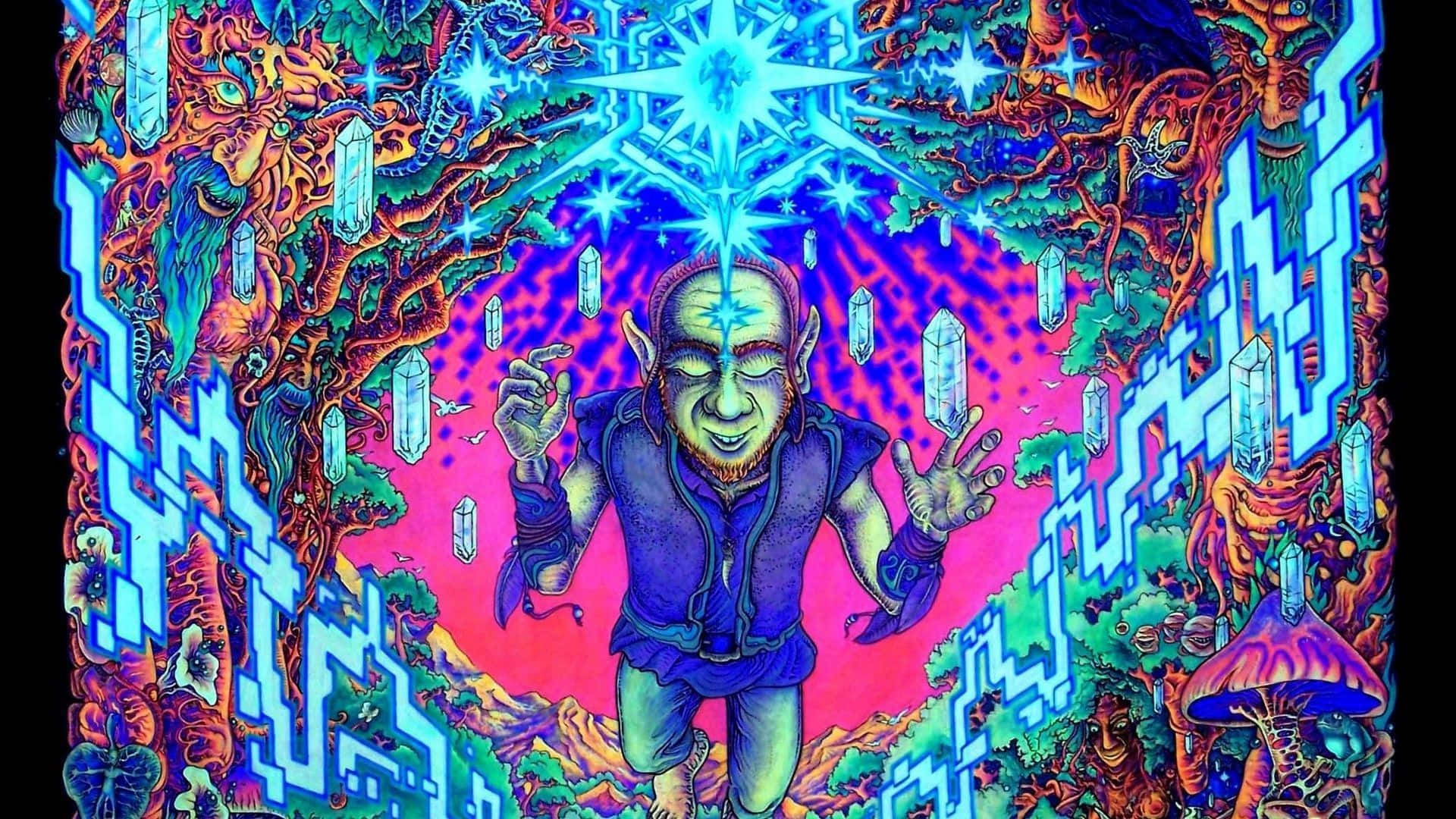 Psychedelic Nature 桌布 壁紙 — 一幅迷幻插圖，描繪一個微笑的精靈般人物，被發光的晶體和超現實的叢林元素包圍，下方有一顆燦爛的藍色星星。