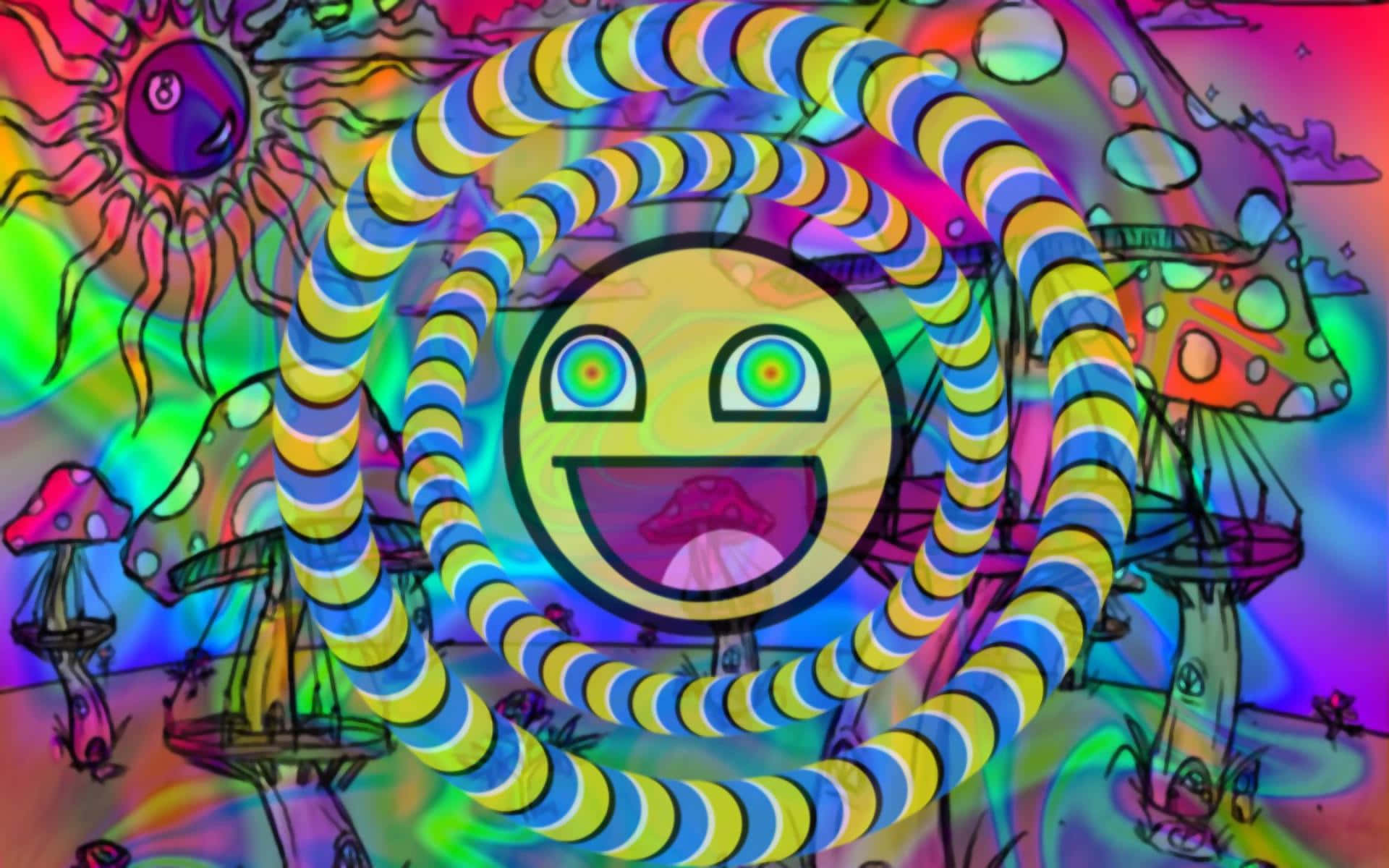 Trippy Neon Lights 桌布 壁紙 — 一幅迷幻插圖展示了一個微笑的表情符號，被催眠般的螺旋環繞，背景是充滿活力的超現實景觀，有發光的蘑菇和太陽。
