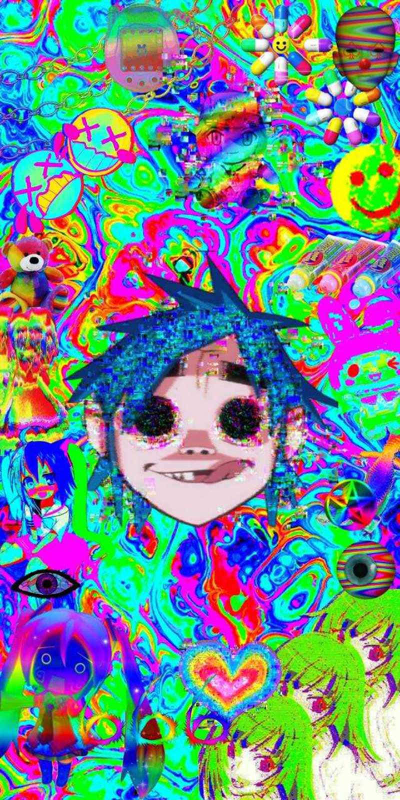character 桌布 壁紙 — 一幅迷幻數位藝術作品，中央有一個動漫風格角色，周圍環繞著鮮豔的漩渦圖案和漂浮的卡通元素。