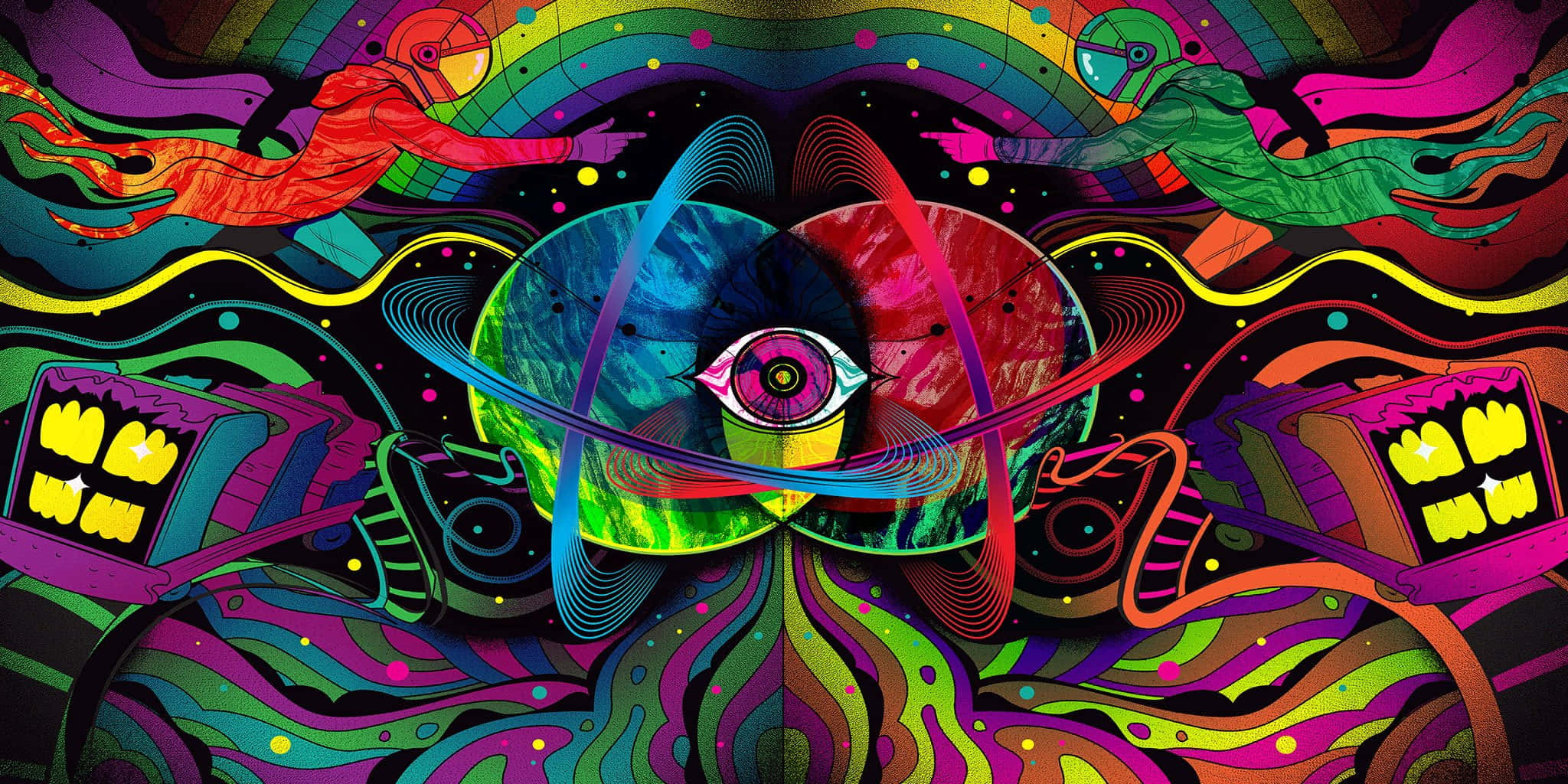 Astroworld 桌布 壁紙 — 一幅迷幻數位藝術作品，中央有一隻眼睛，周圍環繞著旋轉的彩虹色和漂浮的太空人圖案。