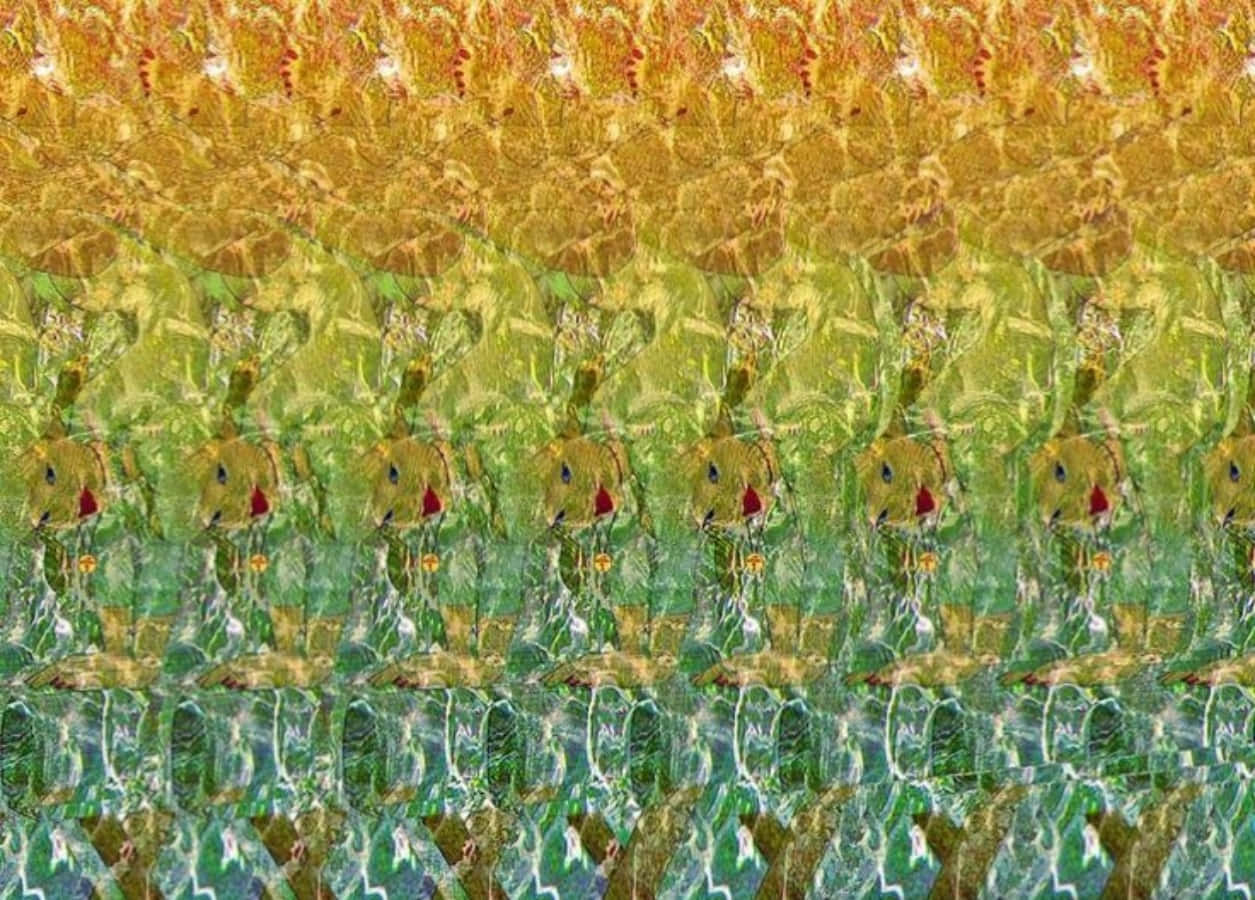Colorful Aesthetic 桌布 壁紙 — 一幅迷幻數位藝術作品，以金色、綠色和藍綠色的迷幻漸變色重複呈現扭曲的面孔。