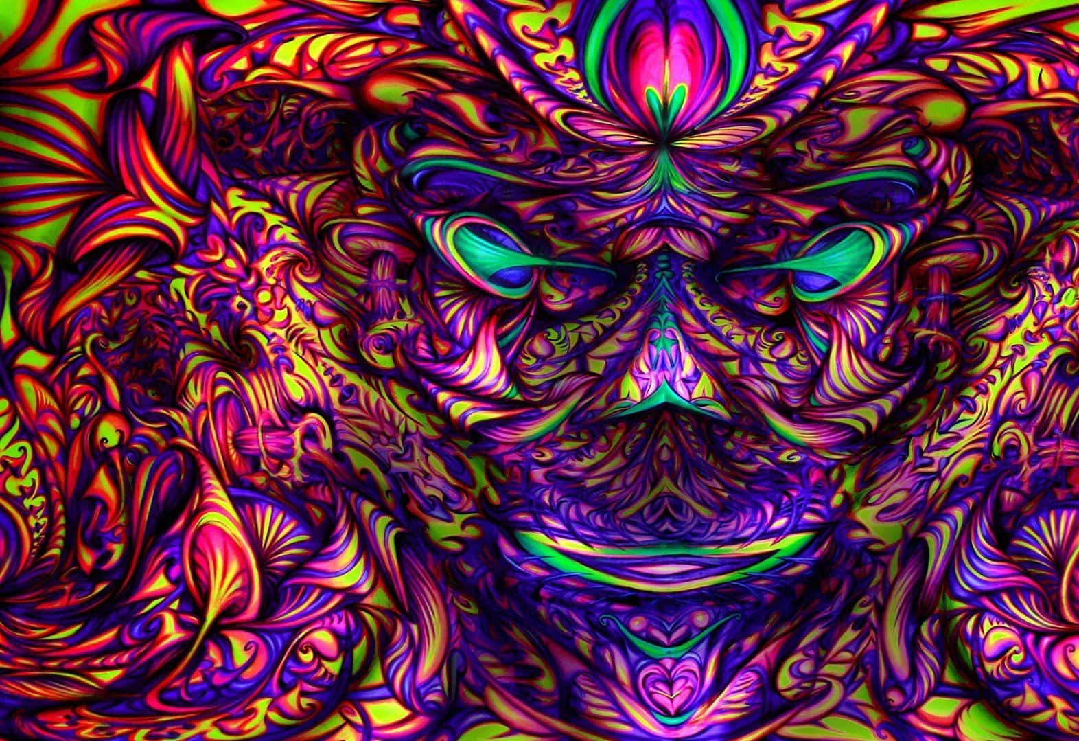 Psychedelic Nature 桌布 壁紙 — 一幅迷幻數位藝術作品，具有對稱、旋轉的臉孔、發光的眼睛和充滿活力的霓虹色彩。
