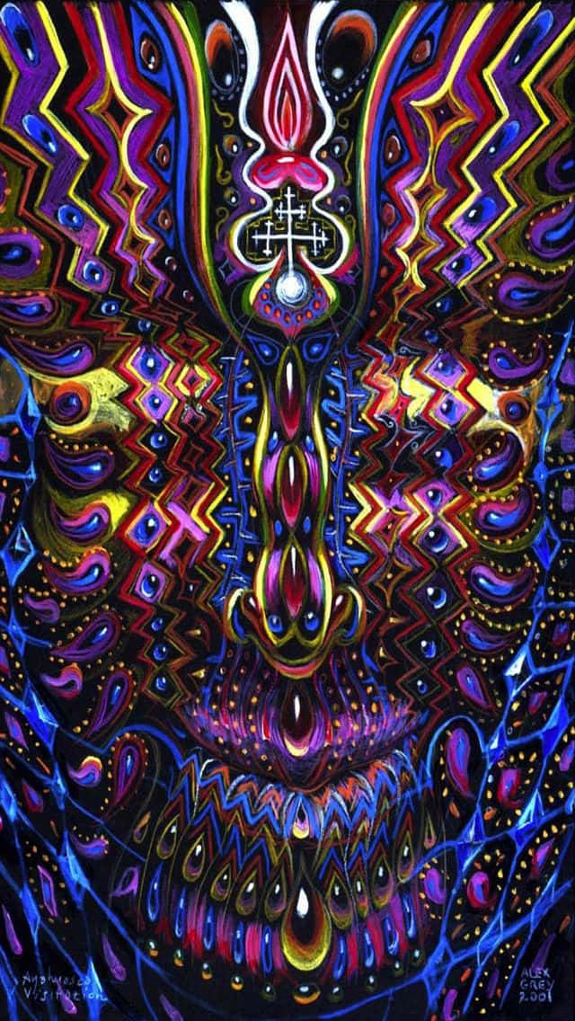 桌布 壁紙 — 一幅迷幻數位藝術作品，呈現對稱華麗的臉龐，帶有發光的眼睛，以及鮮豔紫色、藍色和黃色的複雜幾何圖案。