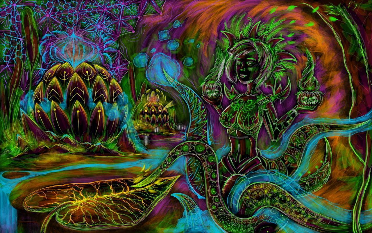 迷幻動圖 桌布 壁紙 — 一幅迷幻數位藝術作品，描繪一位綠色皮膚、長有鹿角的女神，手持發光球體，周圍環繞著超現實的發光植物和旋轉的宇宙圖案。