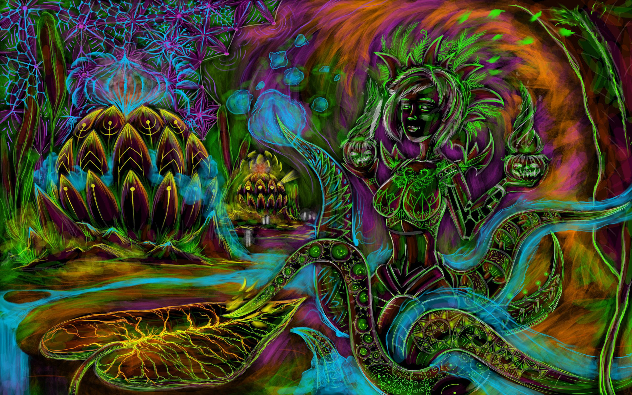 藝術 桌布 壁紙 — 一幅迷幻數位藝術作品，描繪一位綠皮膚女神，擁有發光的眼睛和華麗圖案，周圍環繞著超現實的發光植物和旋轉的宇宙色彩。