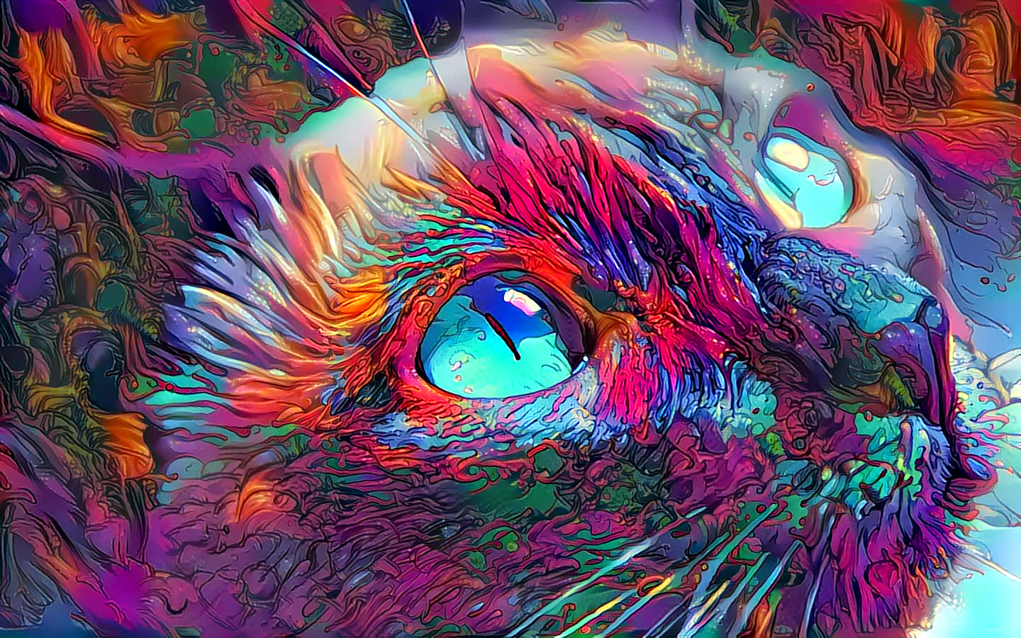 Cat Eyes 桌布 壁紙 — 一幅迷幻風格的貓臉數位藝術作品，帶有旋轉的霓虹色彩和發光的眼睛。