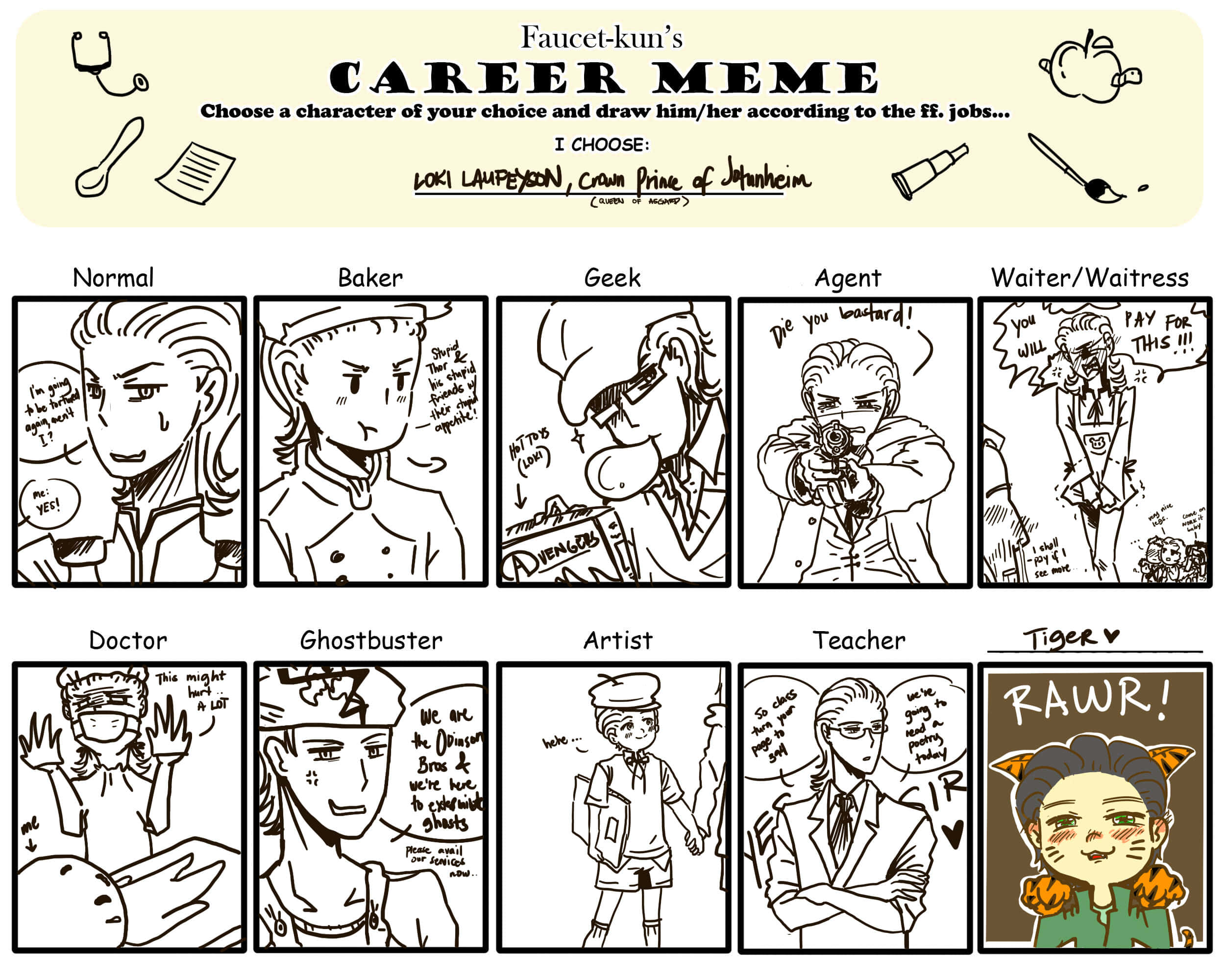 Career Memes 桌布 壁紙 — 一幅連環漫畫，展示洛基·勞菲森擔任各種工作，例如麵包師傅、極客、特工和老虎，並附有幽默的標題。