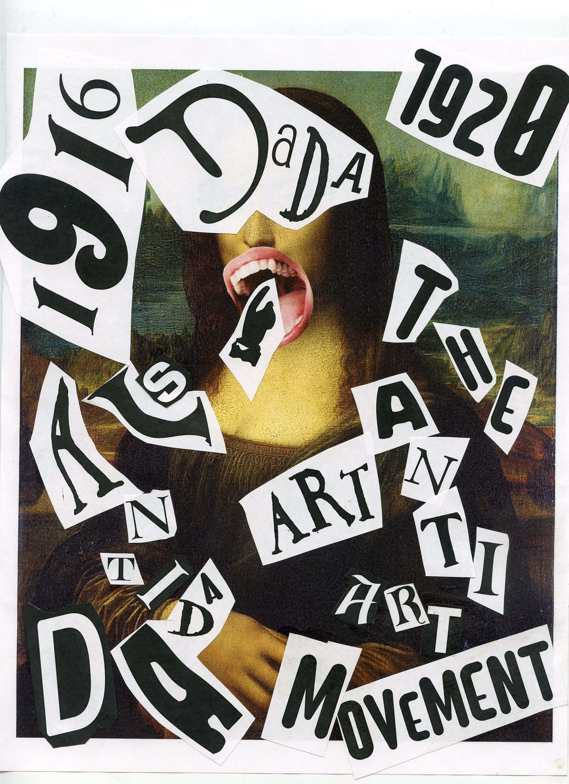 Dadaism 桌布 壁紙 — 一幅達達主義拼貼畫將碎片化的文字和日期疊加在張開嘴巴、伸出舌頭的蒙娜麗莎上。