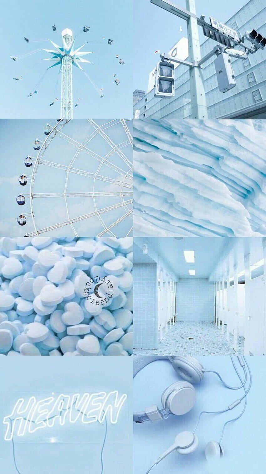 Pastel Blue Aesthetic Tumblr 桌布 壁紙 — 一幅酷炫的藍色調拼貼畫， featuring 摩天輪遊樂園遊樂設施、冰塊質感、心形糖果、走廊，以及帶有發光字樣 'HEAVEN' 的耳機。