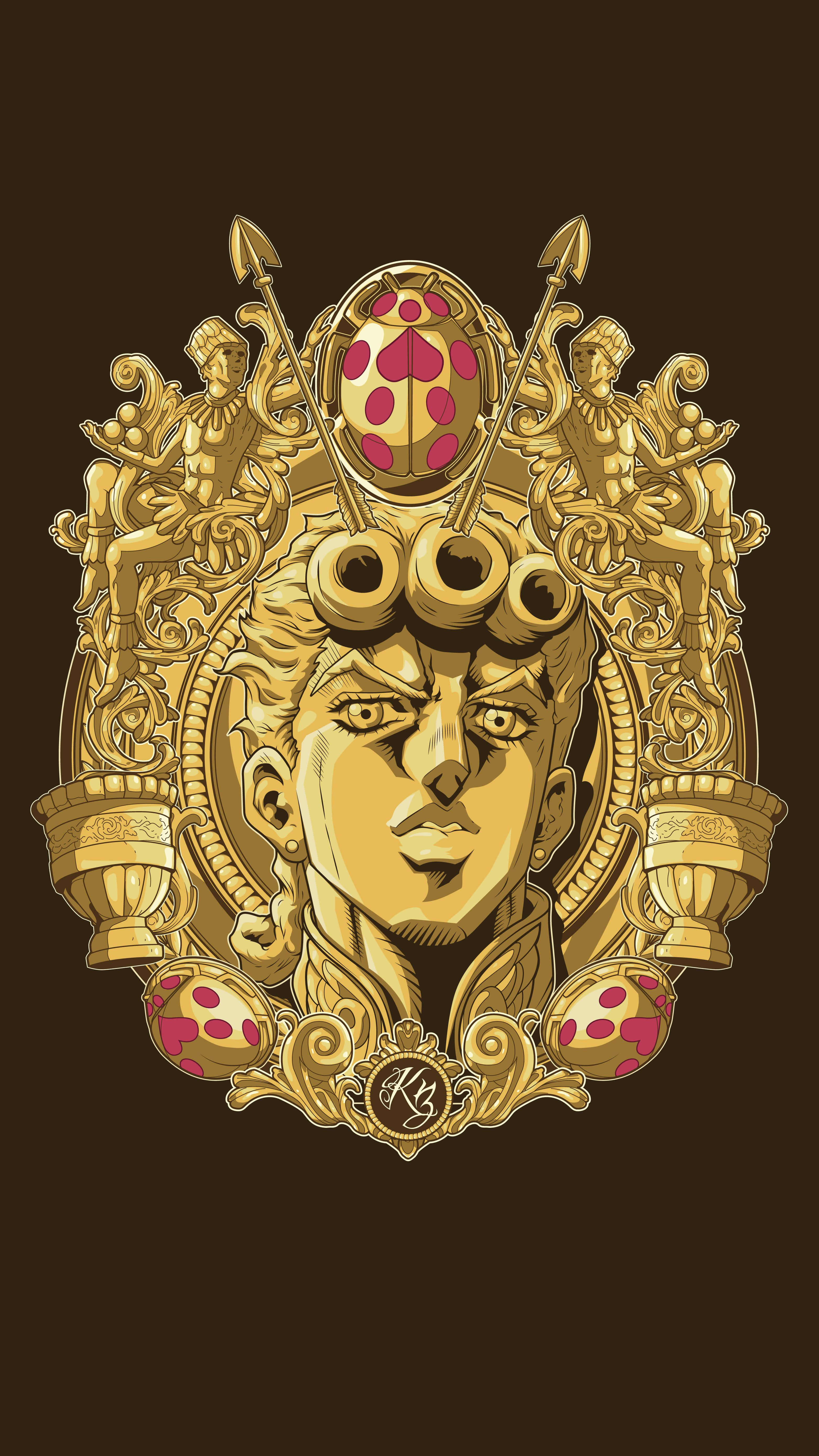 Vento Aureo 桌布 壁紙 — 一幅金色插圖肖像，描繪一位嚴肅的男子，有三個眼窩，兩側有雕像和粉紅色斑點球體，背景為深棕色。