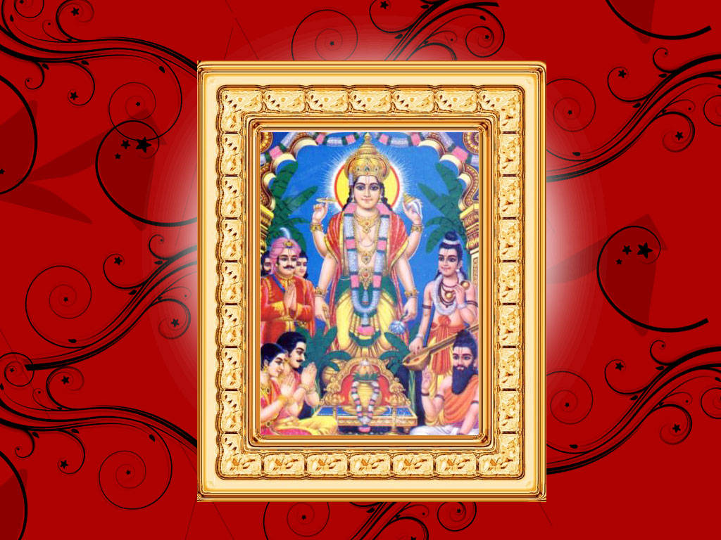 Satyanarayana Swamy 桌布 壁紙 — 一幅金色畫框的印度教神祇畫作，有多隻手臂和隨從，背景是帶有黑色漩渦的鮮紅色。