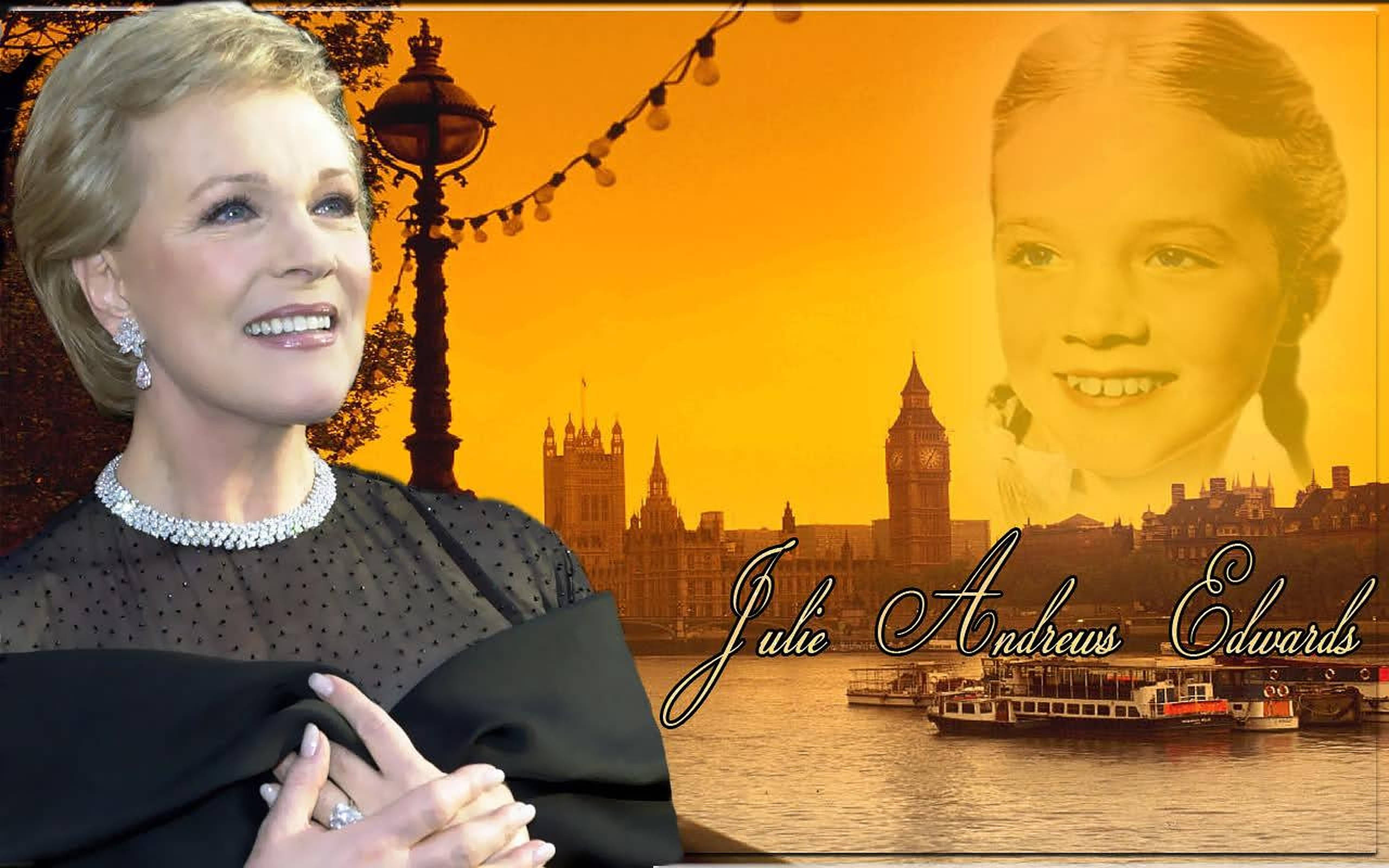 Julie 桌布 壁紙 — 一幅金色調的拼貼畫，以倫敦天際線、船隻和街燈為背景，展示茱莉·安德絲·愛德華茲的成人及兒童肖像。