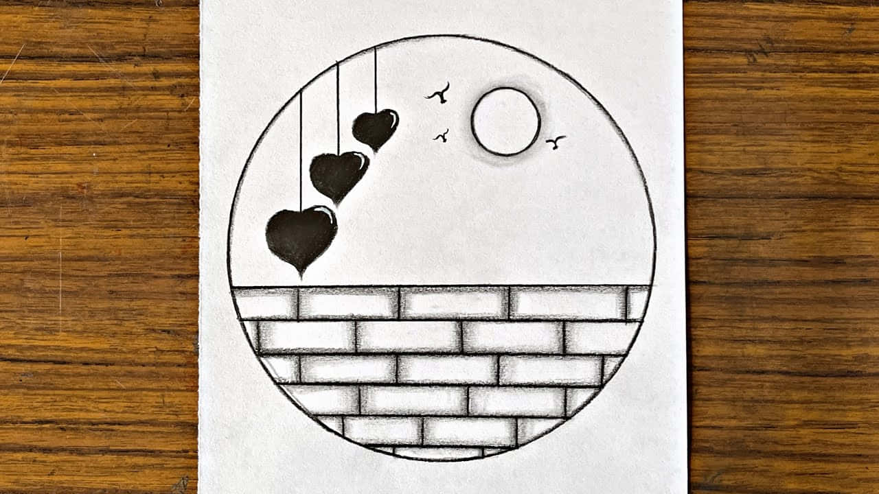 draw 桌布 壁紙 — 一幅鉛筆畫顯示三個黑色心形懸掛在磚牆上方，月亮下有鳥兒飛翔。
