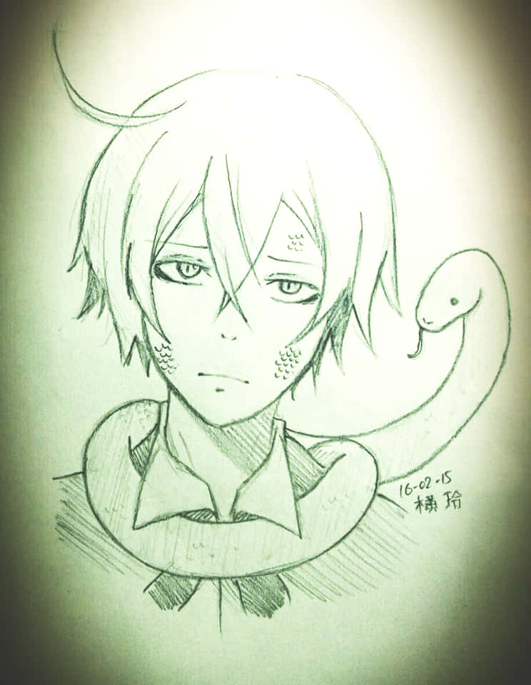 Black Butler Snake 桌布 壁紙 — 一幅鉛筆素描，描繪一個短髮的動漫角色，脖子上纏繞著一條蛇，以柔和陰影和復古綠色調呈現。