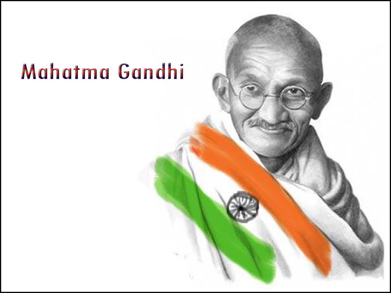 Mahatma Gandhi 桌布 壁紙 — 一幅鉛筆素描，描繪聖雄甘地披著帶有鮮豔彩色條紋和阿育王法輪的印度國旗。