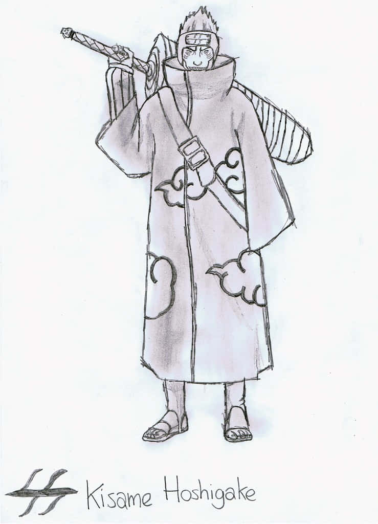 Akatsuki Drawing 桌布 壁紙 — 一幅鉛筆素描，描繪身穿曉組織斗篷的干柿鬼鮫，肩上扛著一把劍。