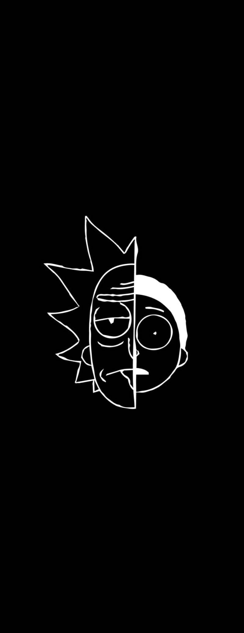 瑞克和莫蒂 桌布 壁紙 — 一幅銳利的白色線條畫將 Rick Sanchez 的臉垂直分割在黑色背景上。