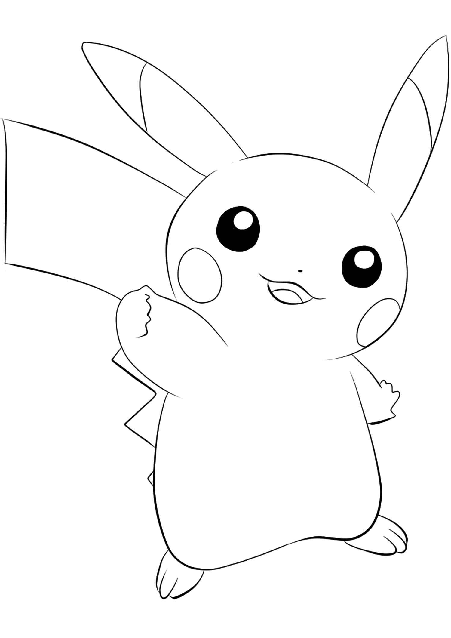 Pokemon Coloring 桌布 壁紙 — 一幅開心的黑白線條畫，描繪皮卡丘用一隻爪子揮手。