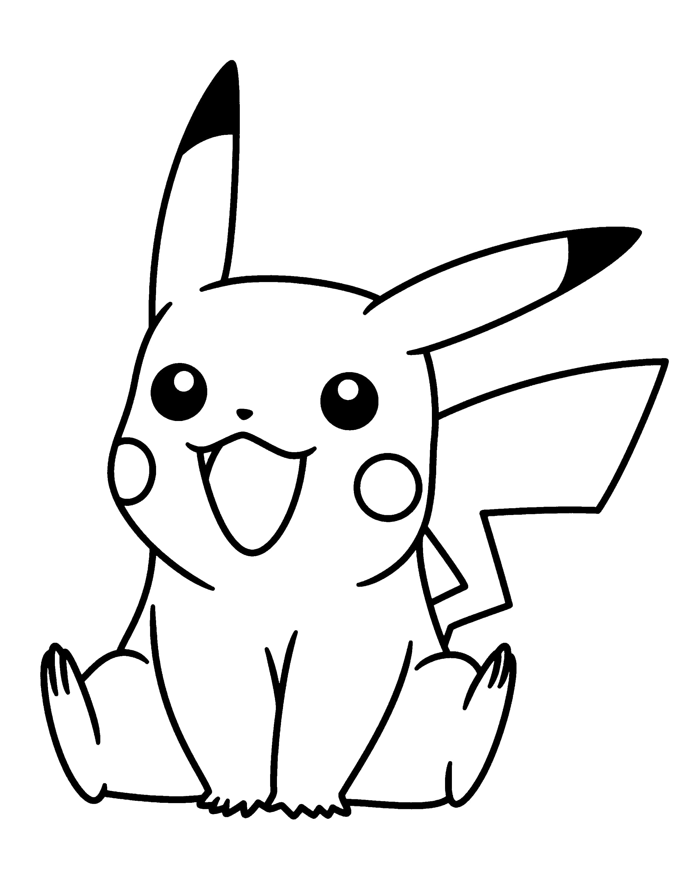 Pokemon Coloring 桌布 壁紙 — 一幅開心的黑白線條畫，描繪皮卡丘坐直，露出燦爛笑容和大眼睛。