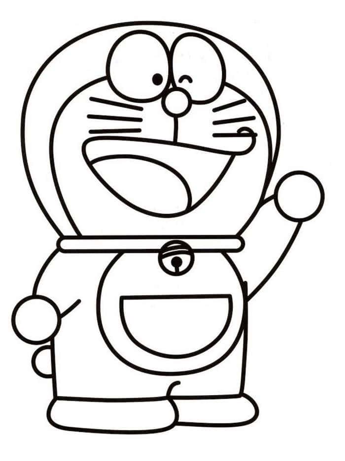 Doraemon 桌布 壁紙 — 一幅開心的黑白線條畫，畫著哆啦A夢帶著燦爛笑容揮手。