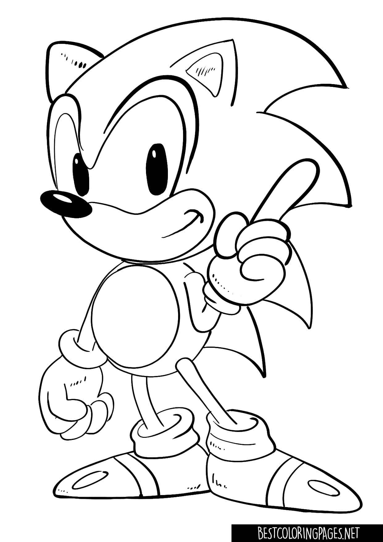 Sonic The Hedgehog 桌布 壁紙 — 一幅開心的黑白線條藝術，描繪音速小子自信微笑地指向前方。