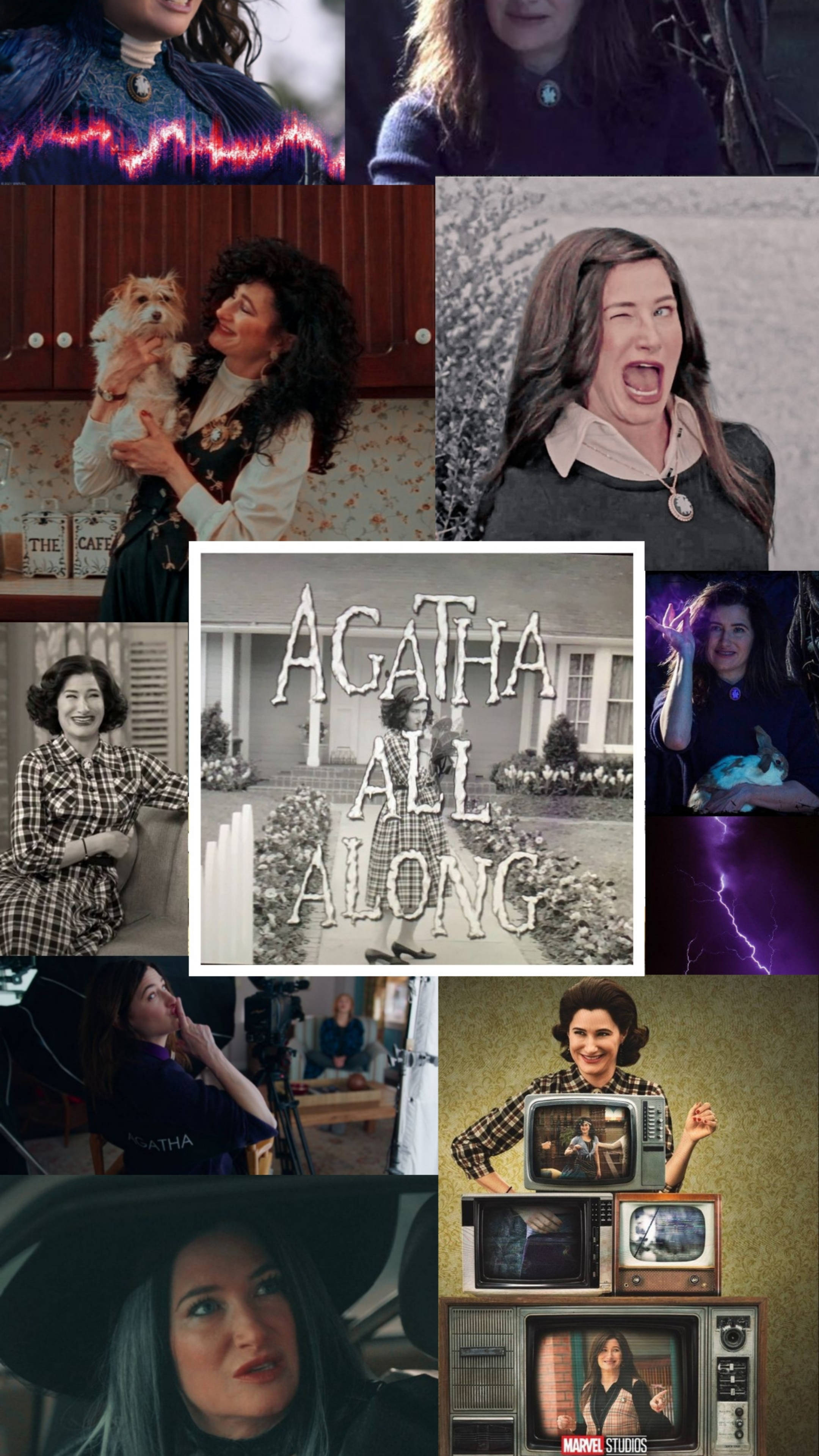 Agatha 桌布 壁紙 — 一幅阿嘉莎·哈克尼斯場景的拼貼畫，展示她在漫威系列中的各種情緒和設定。